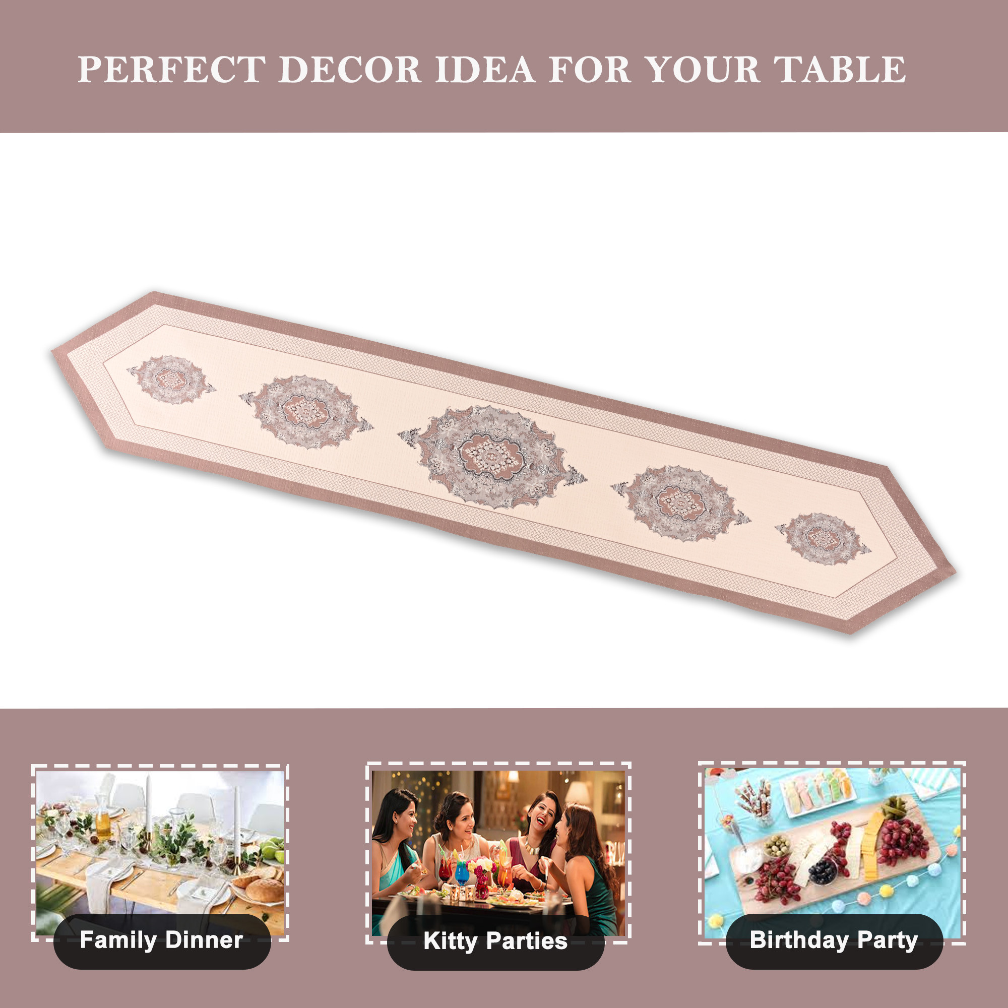 Kuber Industries 13x72 Anti Slip Cotton Table Runner For Centre Table  Stylish Dining Table Runner for Living Room - Dining Table Accessories for Home  Hotel  1032 Pyramid- Cream  Brown