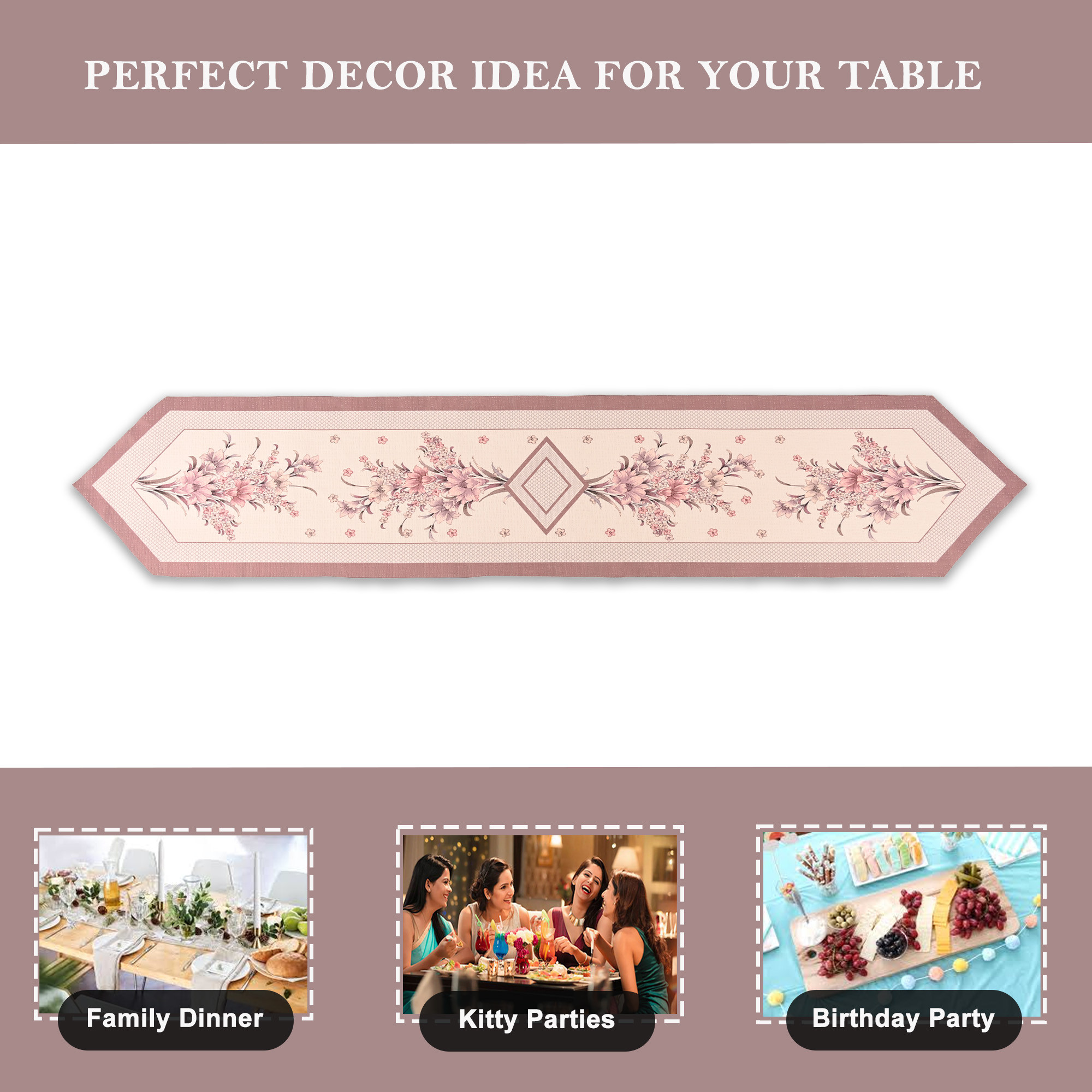 Kuber Industries 13x72 Anti Slip Table Runner For Centre Table  Stylish Dining Table Runner for Living Room - Dining Table Accessories for Home  Hotel  1047 Pyramid- Cream  Pink