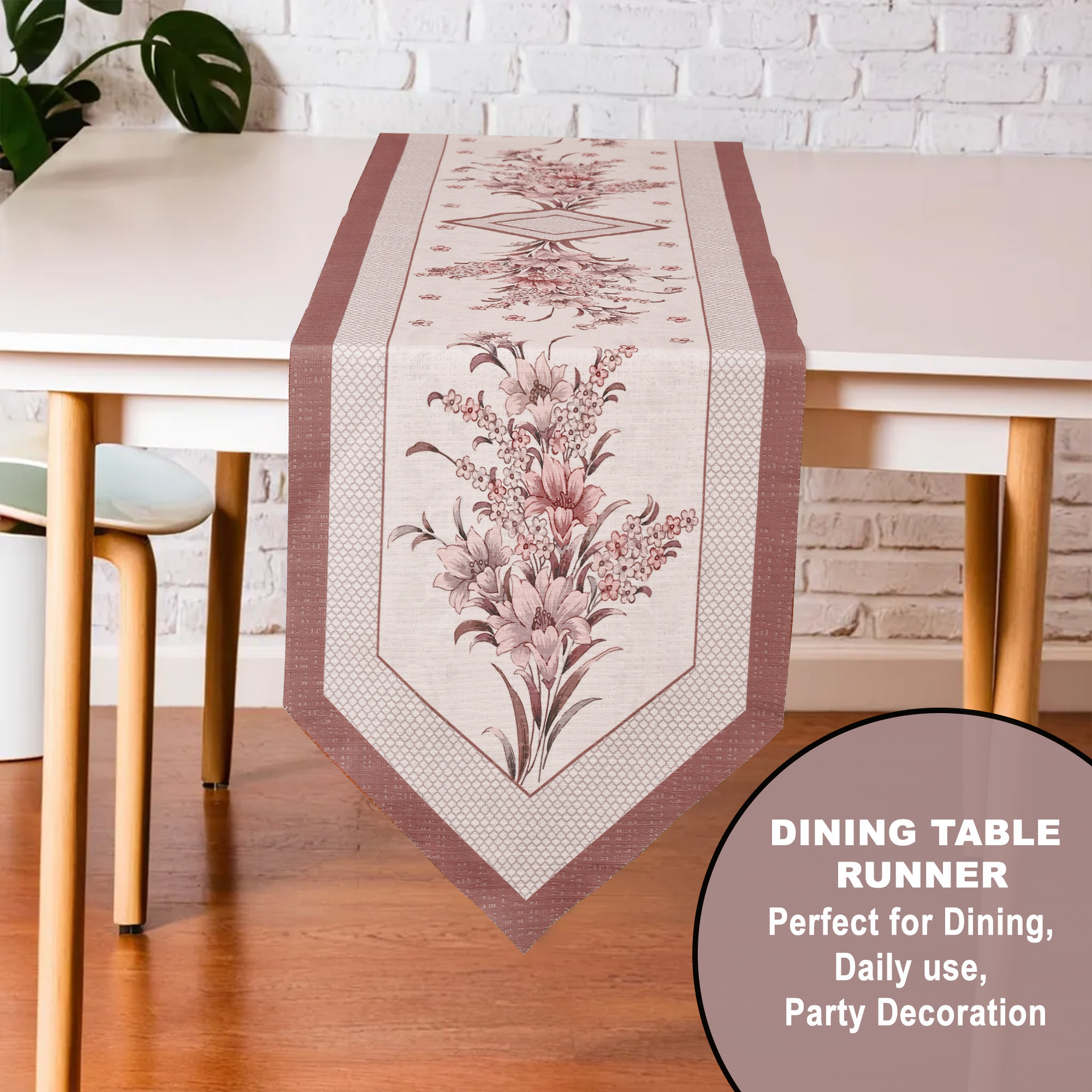Kuber Industries 13x72 Anti Slip Table Runner For Centre Table  Stylish Dining Table Runner for Living Room - Dining Table Accessories for Home  Hotel  1047 Pyramid- Cream  Pink