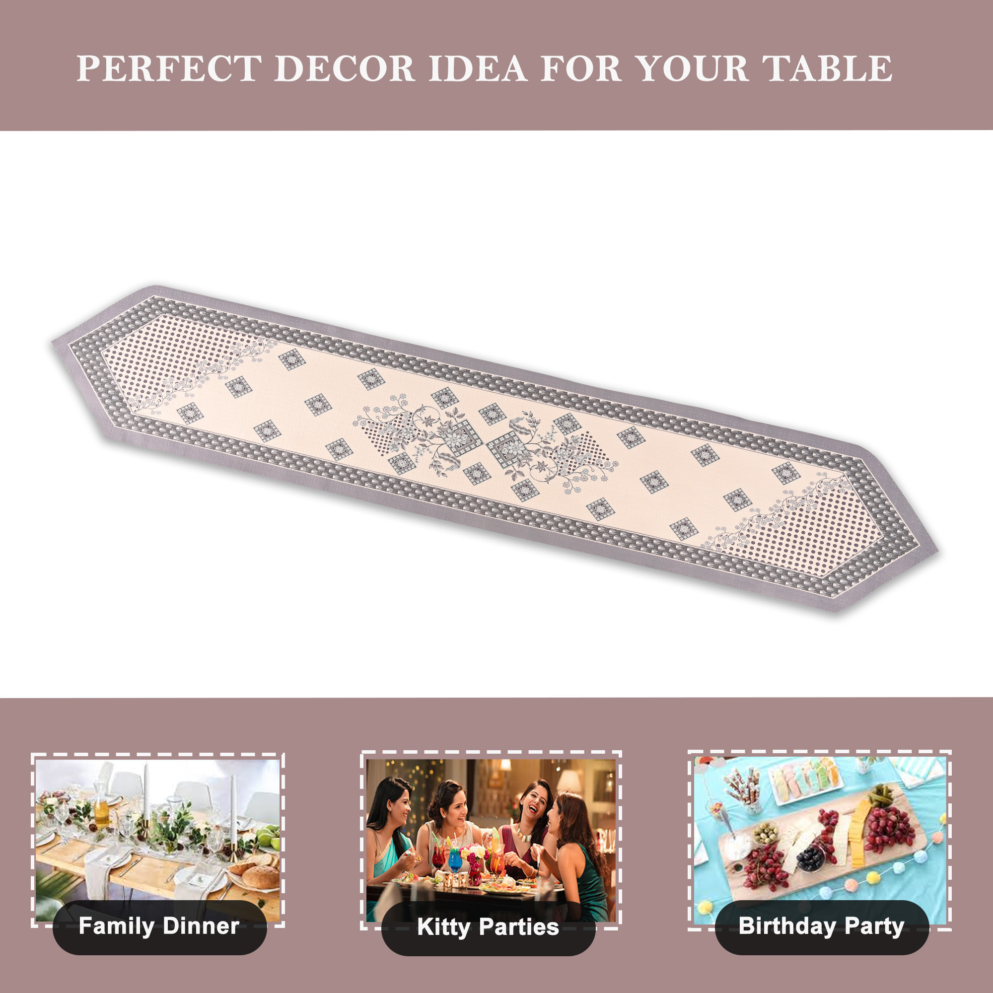 Kuber Industries 13x72 Anti Slip Table Runner For Centre Table  Stylish Dining Table Runner for Living Room - Dining Table Accessories for Home  Hotel  1037 Pyramid- Cream  Grey