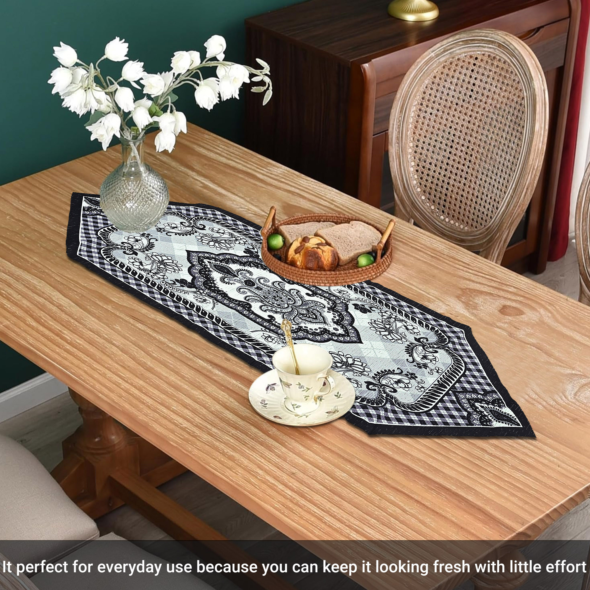Kuber Industries 13x36 Washable Table Runner for Centre Table  Easy To Maintain  Sustainable Dining Table Runner For Living Room Hall  Home Decor  Floral Print - Black  Grey 214