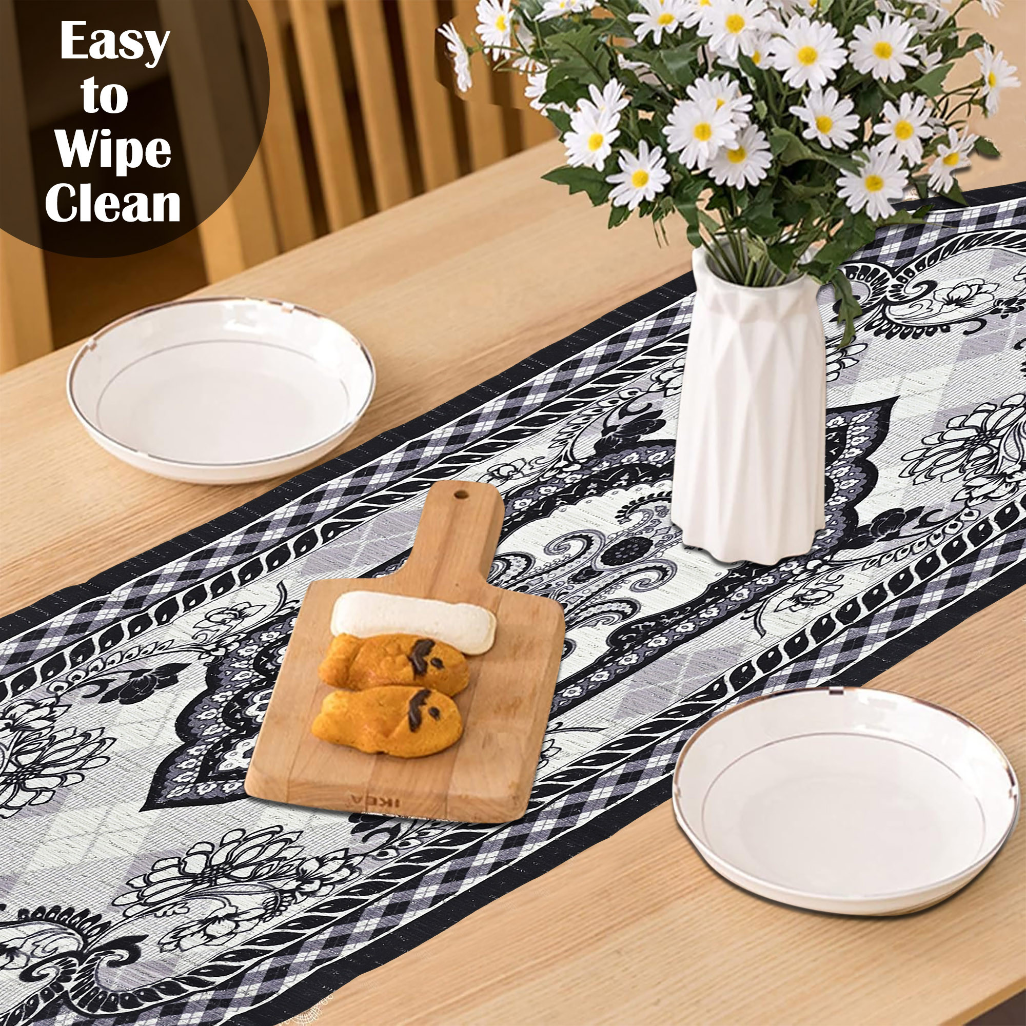 Kuber Industries 13x36 Washable Table Runner for Centre Table  Easy To Maintain  Sustainable Dining Table Runner For Living Room Hall  Home Decor  Floral Print - Black  Grey 214