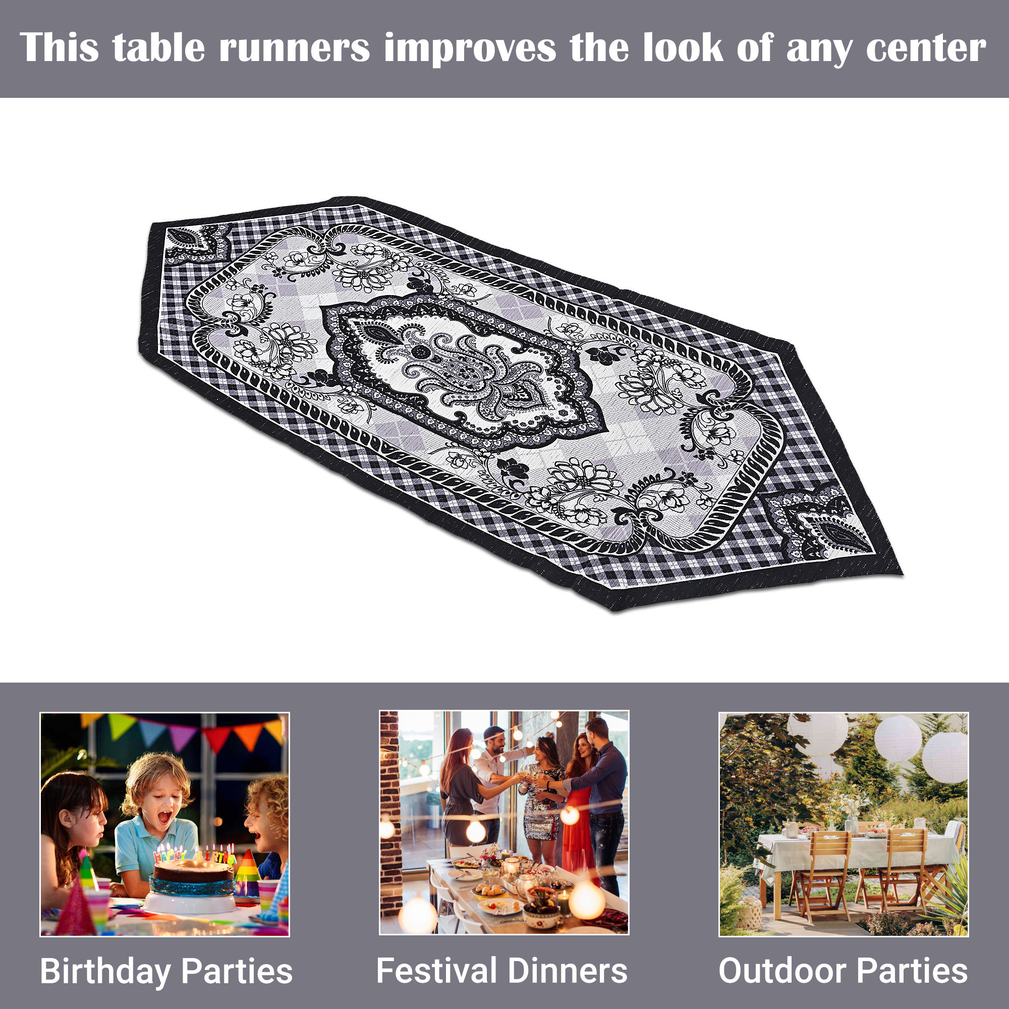 Kuber Industries 13x36 Washable Table Runner for Centre Table  Easy To Maintain  Sustainable Dining Table Runner For Living Room Hall  Home Decor  Floral Print - Black  Grey 214