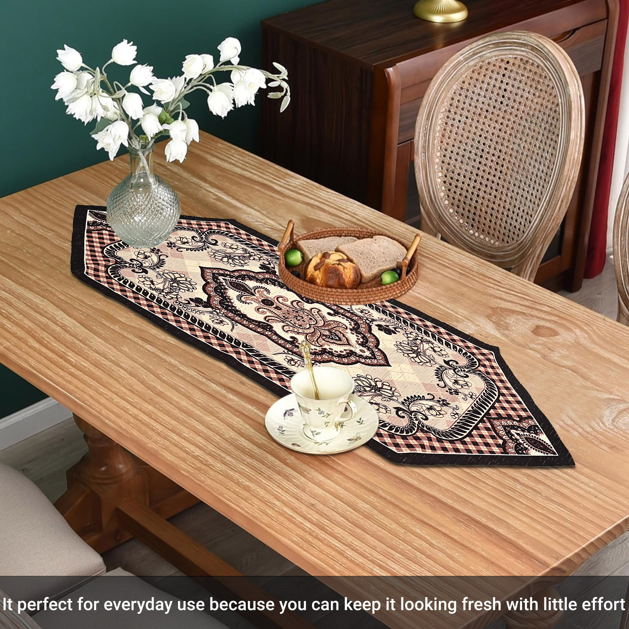 Kuber Industries 13x36 Washable Table Runner for Centre Table  Easy To Maintain  Sustainable Dining Table Runner For Living Room Hall  Home Decor  Dazzle - Cream  Brown 214