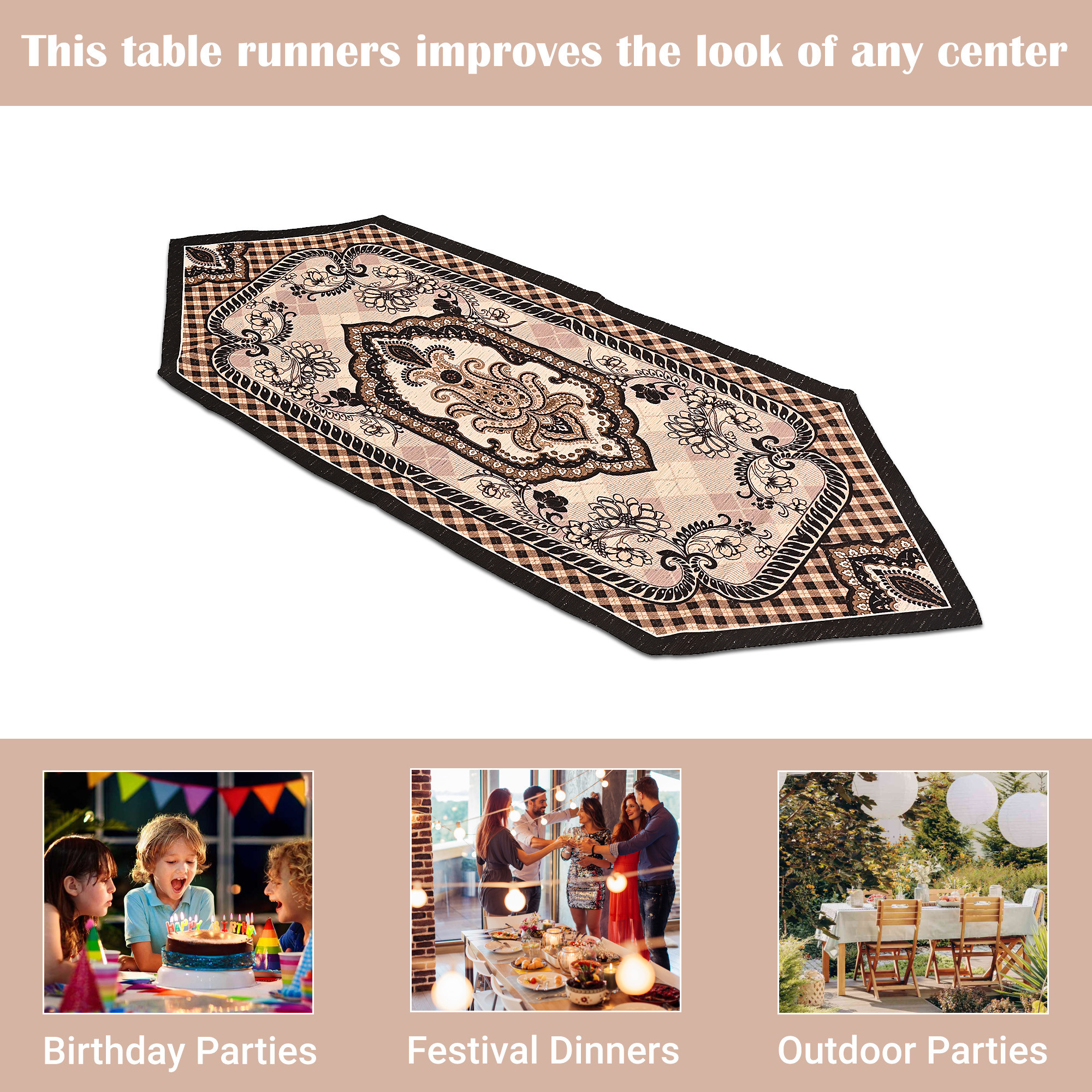 Kuber Industries 13x36 Washable Table Runner for Centre Table  Easy To Maintain  Sustainable Dining Table Runner For Living Room Hall  Home Decor  Dazzle - Cream  Brown 214