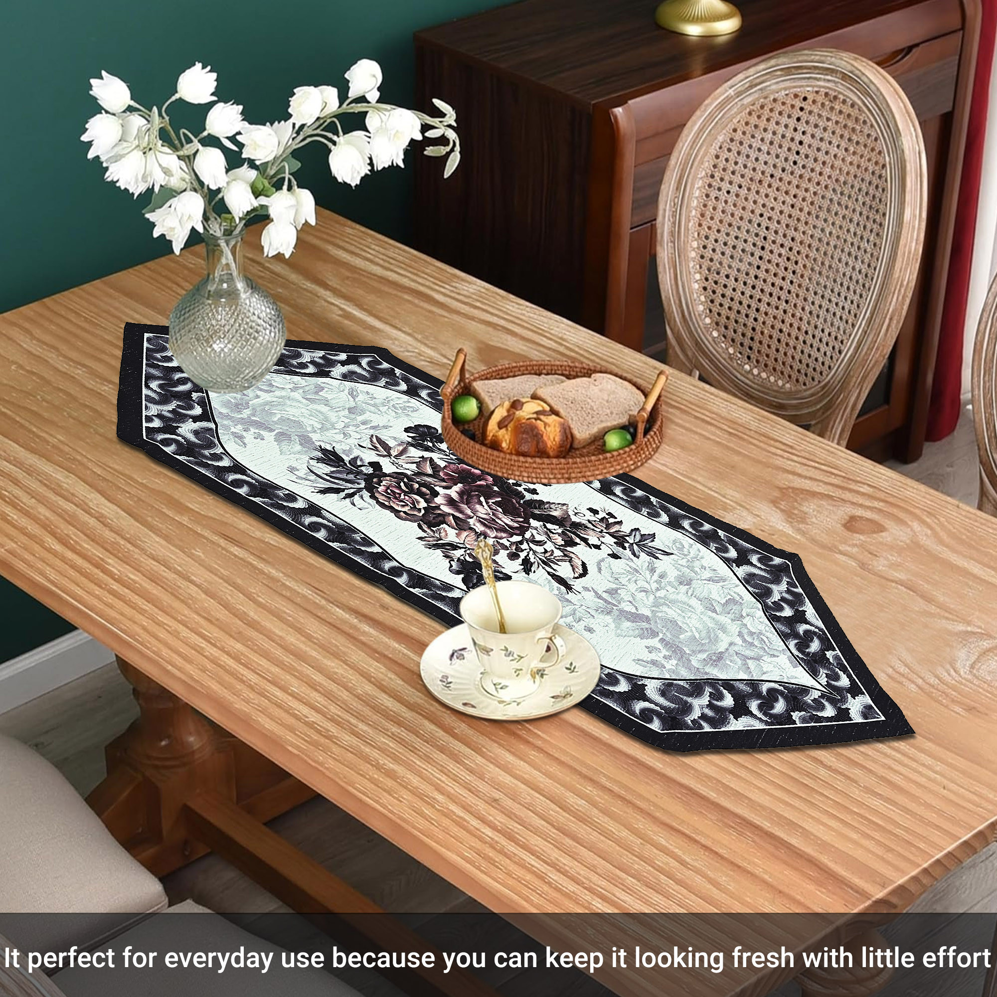 Kuber Industries 13x36 Washable Table Runner for Centre Table  Easy To Maintain  Sustainable Dining Table Runner For Living Room Hall  Home Decor  Rose Print - Black  Grey 102