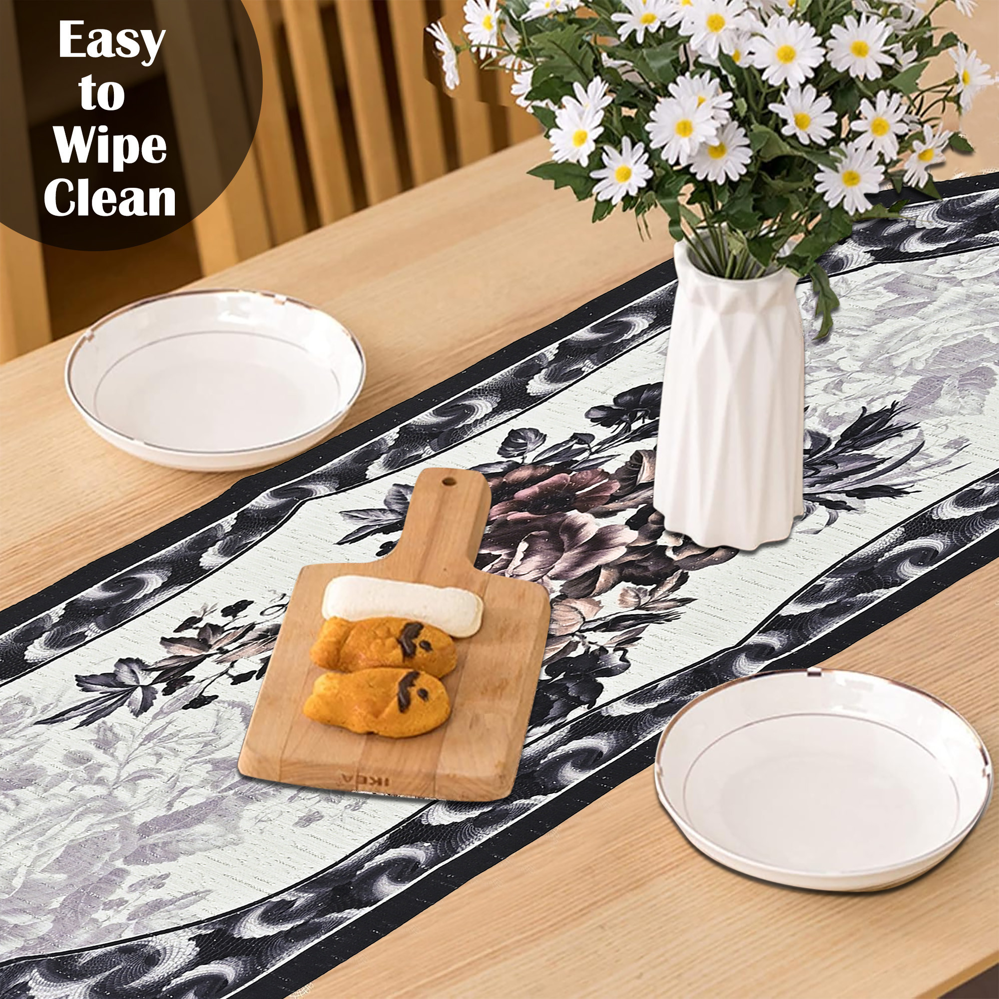Kuber Industries 13x36 Washable Table Runner for Centre Table  Easy To Maintain  Sustainable Dining Table Runner For Living Room Hall  Home Decor  Rose Print - Black  Grey 102