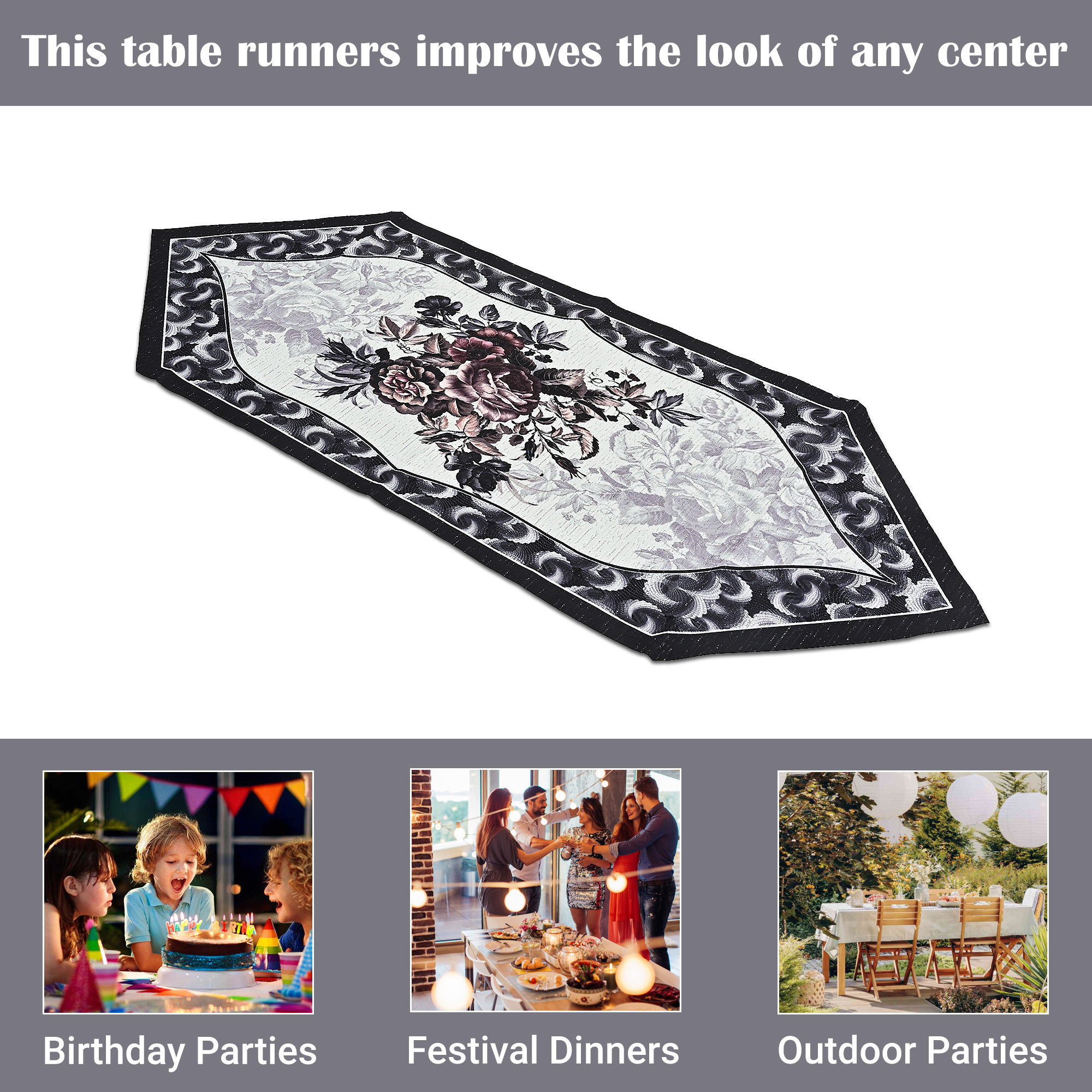 Kuber Industries 13x36 Washable Table Runner for Centre Table  Easy To Maintain  Sustainable Dining Table Runner For Living Room Hall  Home Decor  Rose Print - Black  Grey 102