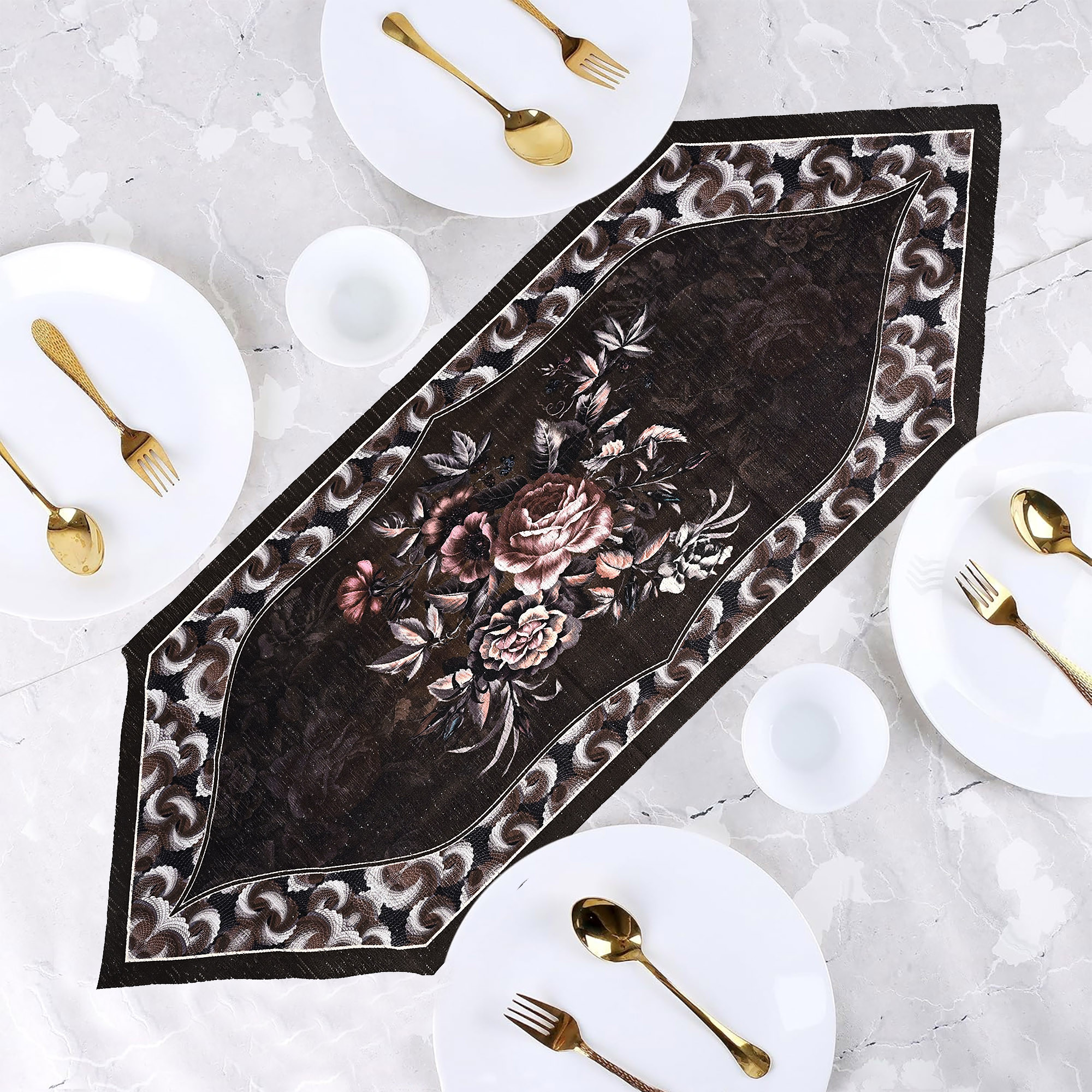 Kuber Industries 13x36 Washable Table Runner for Centre Table  Easy To Maintain  Sustainable Dining Table Runner For Living Room Hall  Home Decor  Floral Print - Pink  Brown 102