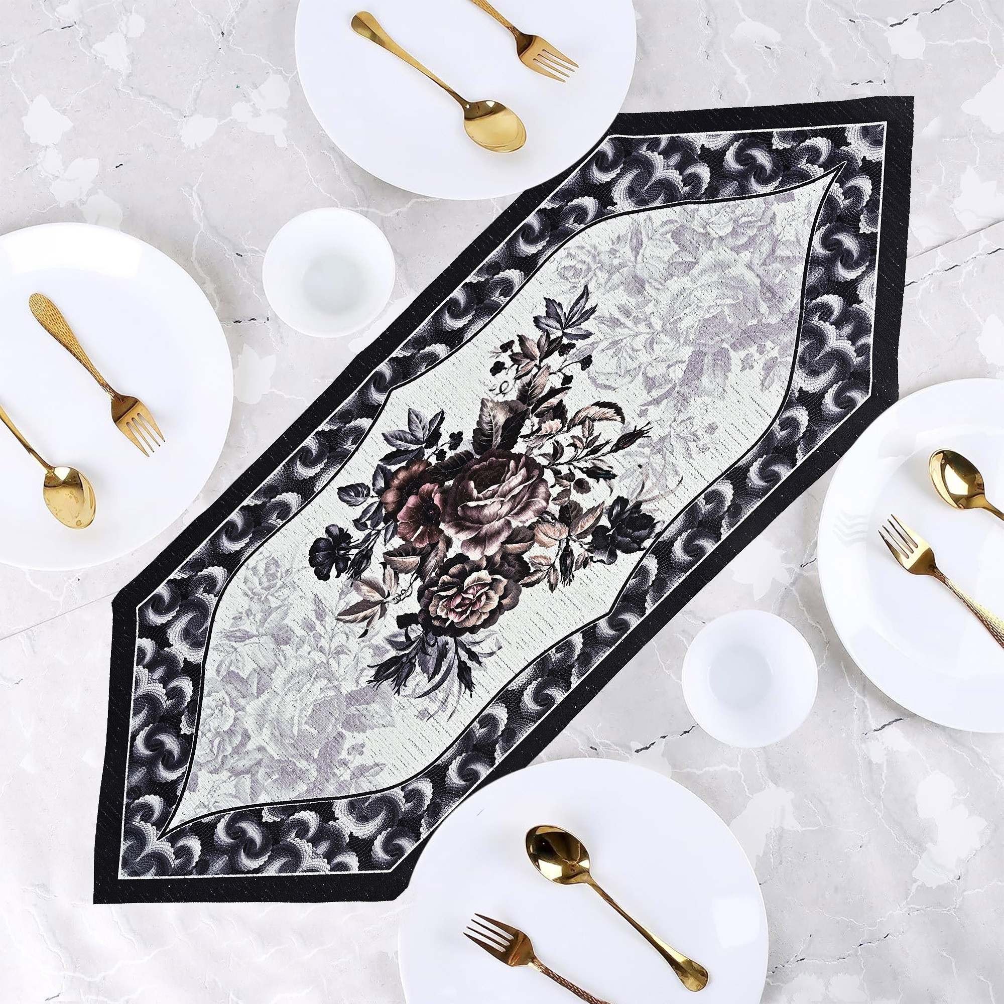 Kuber Industries 13x36 Washable Table Runner for Centre Table  Easy To Maintain  Sustainable Dining Table Runner For Living Room Hall  Home Decor  Rose Print - Black  Grey 102