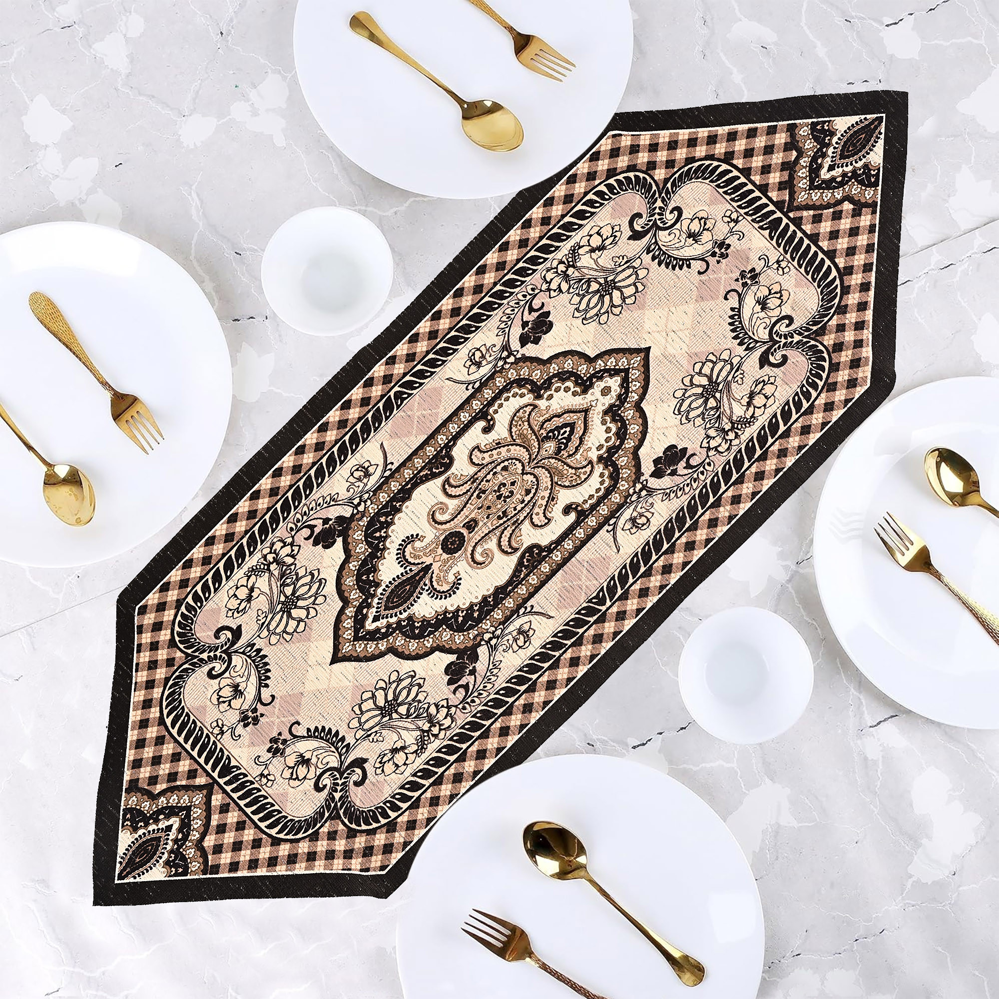 Kuber Industries 13x36 Washable Table Runner for Centre Table  Easy To Maintain  Sustainable Dining Table Runner For Living Room Hall  Home Decor  Dazzle - Cream  Brown 214
