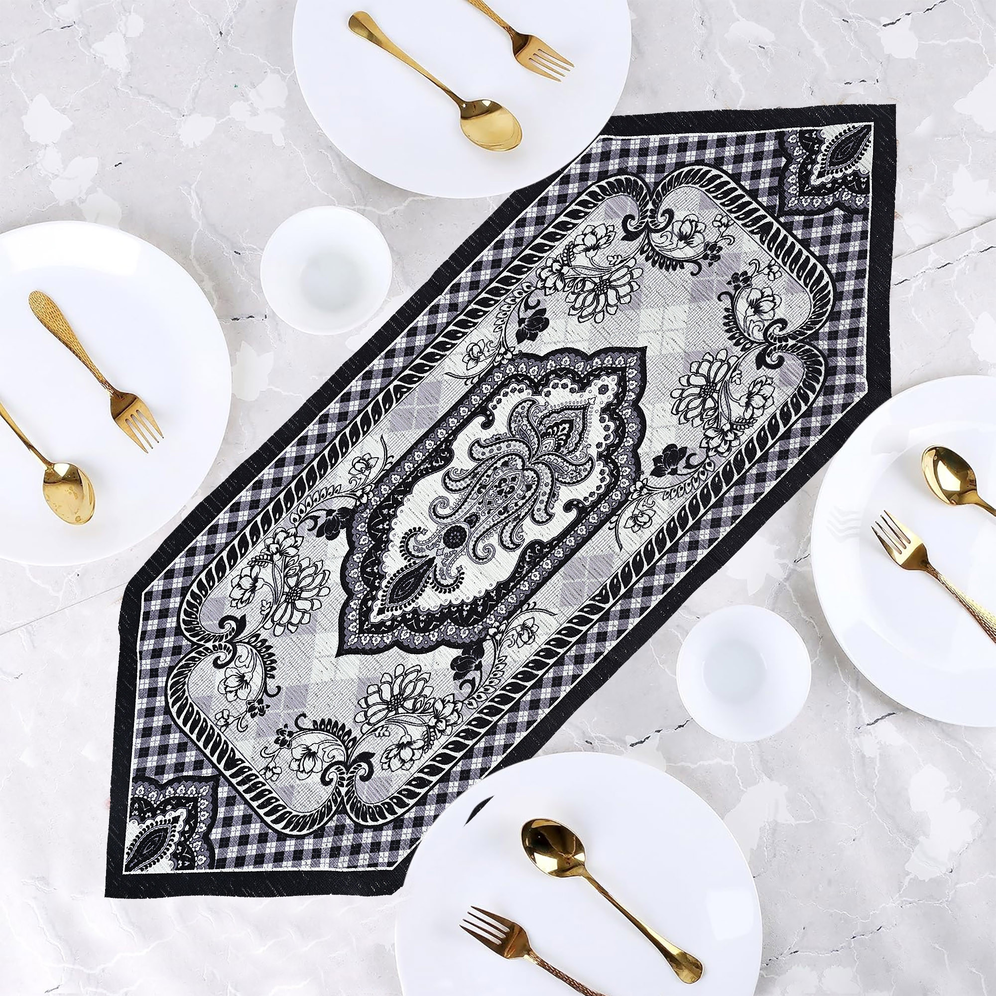 Kuber Industries 13x36 Washable Table Runner for Centre Table  Easy To Maintain  Sustainable Dining Table Runner For Living Room Hall  Home Decor  Floral Print - Black  Grey 214
