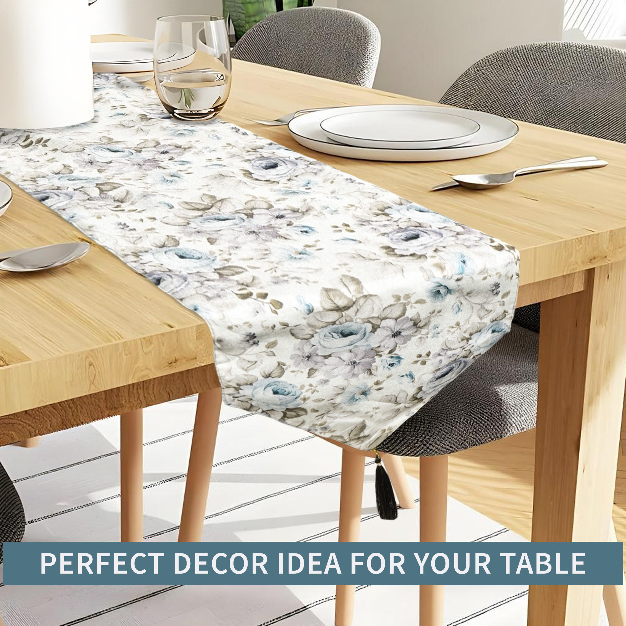 Kuber Industries 13x72 Inch Large Jute Table Runner for 6 Seater Dining Table  Centre Table Runner for Living Room Patio and Home Decor  Gulab Design - Grey  Cream