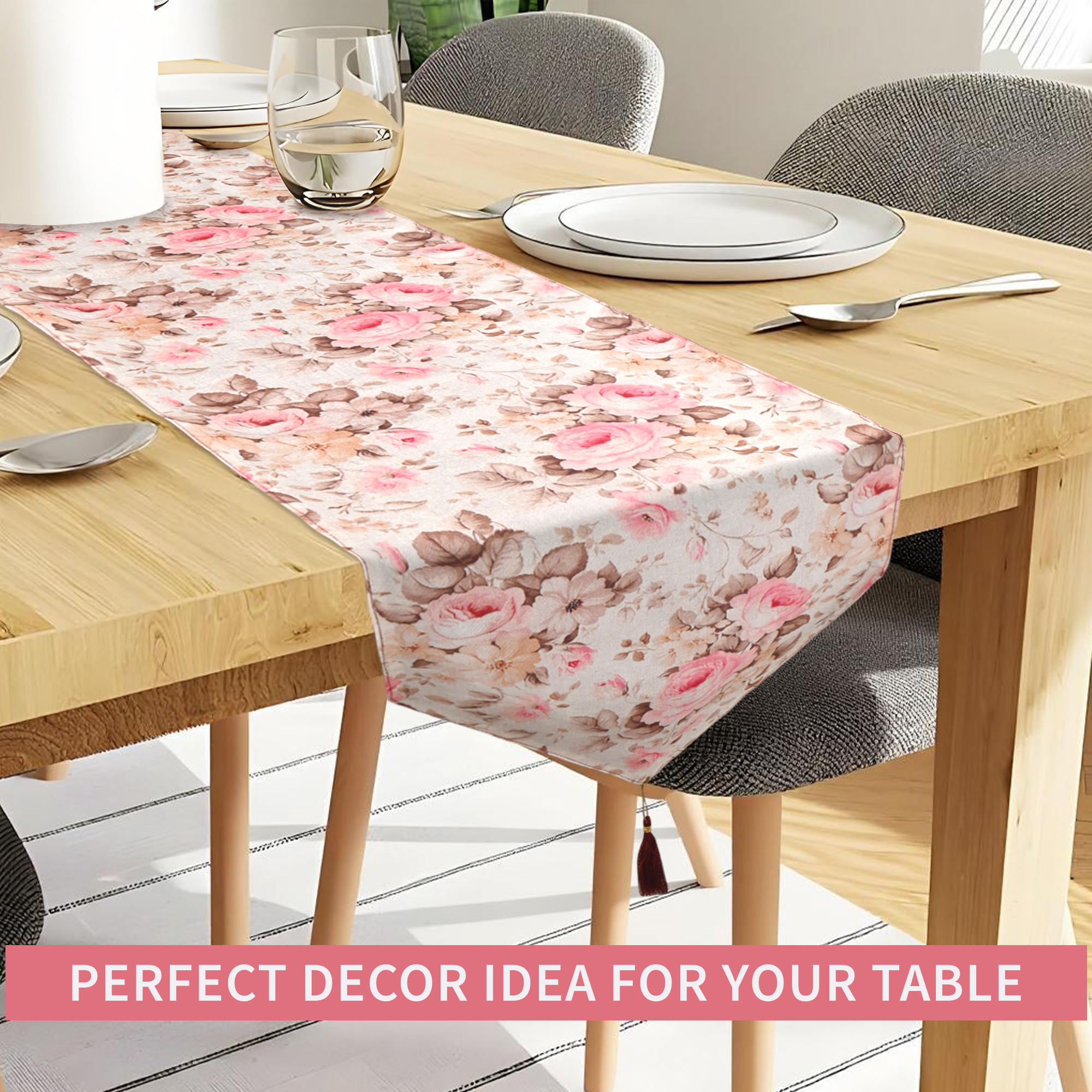 Kuber Industries 13x72 Inch Large Jute Table Runner for 6 Seater Dining Table  Centre Table Runner for Living Room Patio and Home Decor  Gulab Design - Pink  Cream