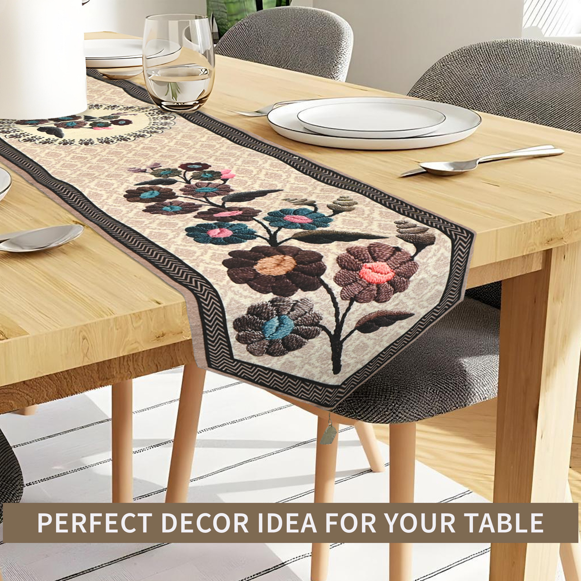 Kuber Industries 13x72 Inch Soft Velvet Dining Table Runner 6 Seater  Anti Slip Centre Table Runner for Living Room Home Decor and Patios Dining Decor Items for Table  Painting - Brown