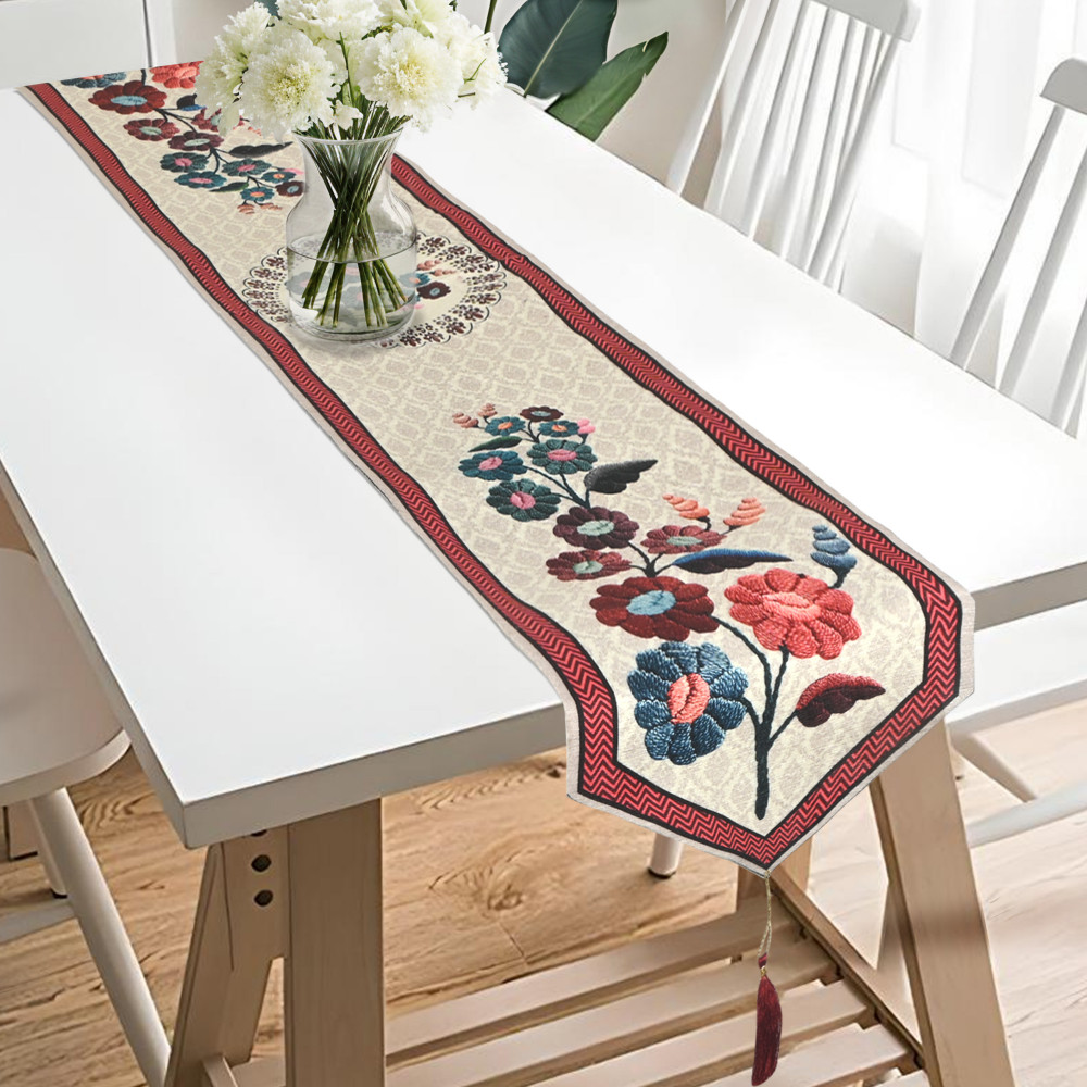 Image of Kuber Industries 13x72 Inch Soft Velvet Dining Table Runner 6 Seater | Anti Slip Centre Table Runner for Living Room, Home Decor and Patios| Dining Decor Items for Table | Painting - Maroon