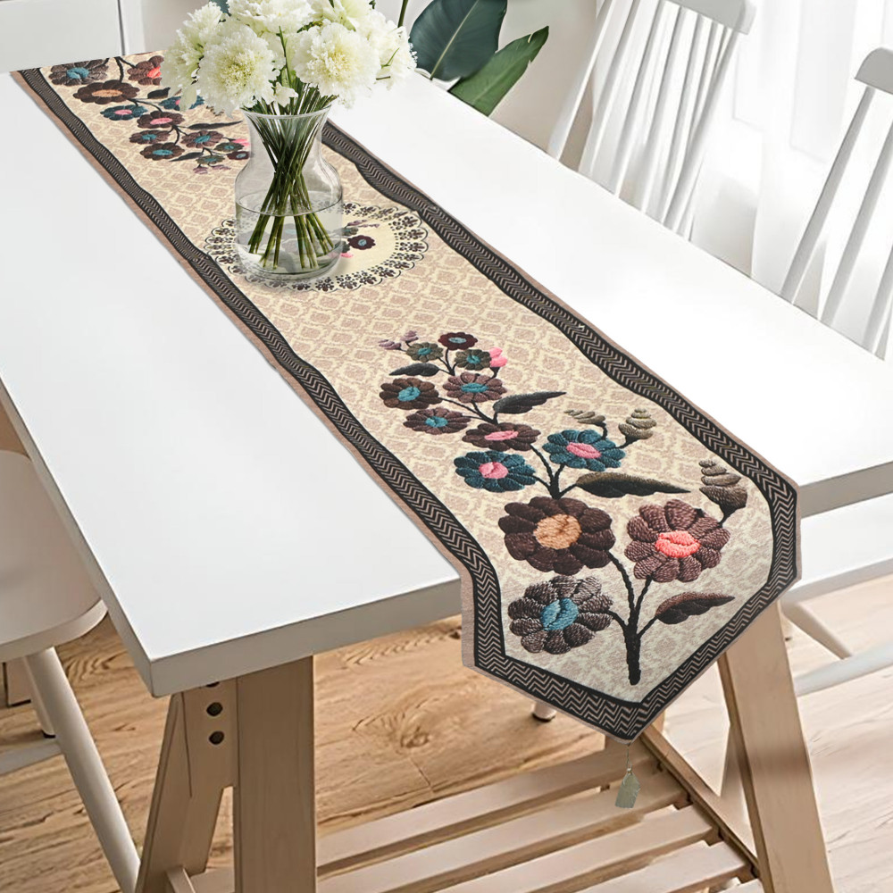 Image of Kuber Industries 13x72 Inch Soft Velvet Dining Table Runner 6 Seater | Anti Slip Centre Table Runner for Living Room, Home Decor and Patios| Dining Decor Items for Table | Painting - Brown