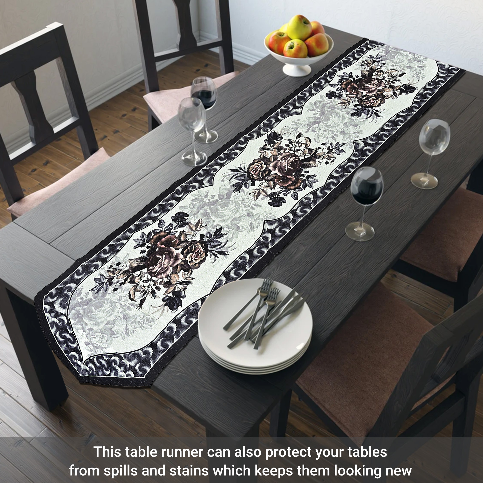 Kuber Industries 13x72 Washable Table Runner for Centre Table  Easy To Maintain  Sustainable Dining Table Runner For Living Room Hall  Home Decor  Rose Print - Black  Grey 214