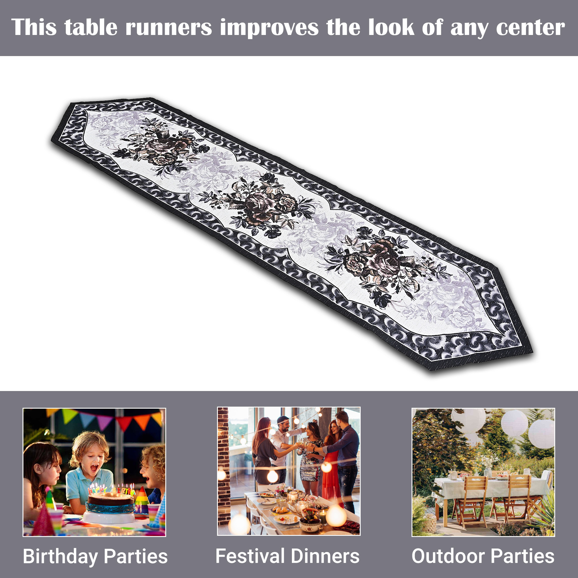 Kuber Industries 13x72 Washable Table Runner for Centre Table  Easy To Maintain  Sustainable Dining Table Runner For Living Room Hall  Home Decor  Rose Print - Black  Grey 214