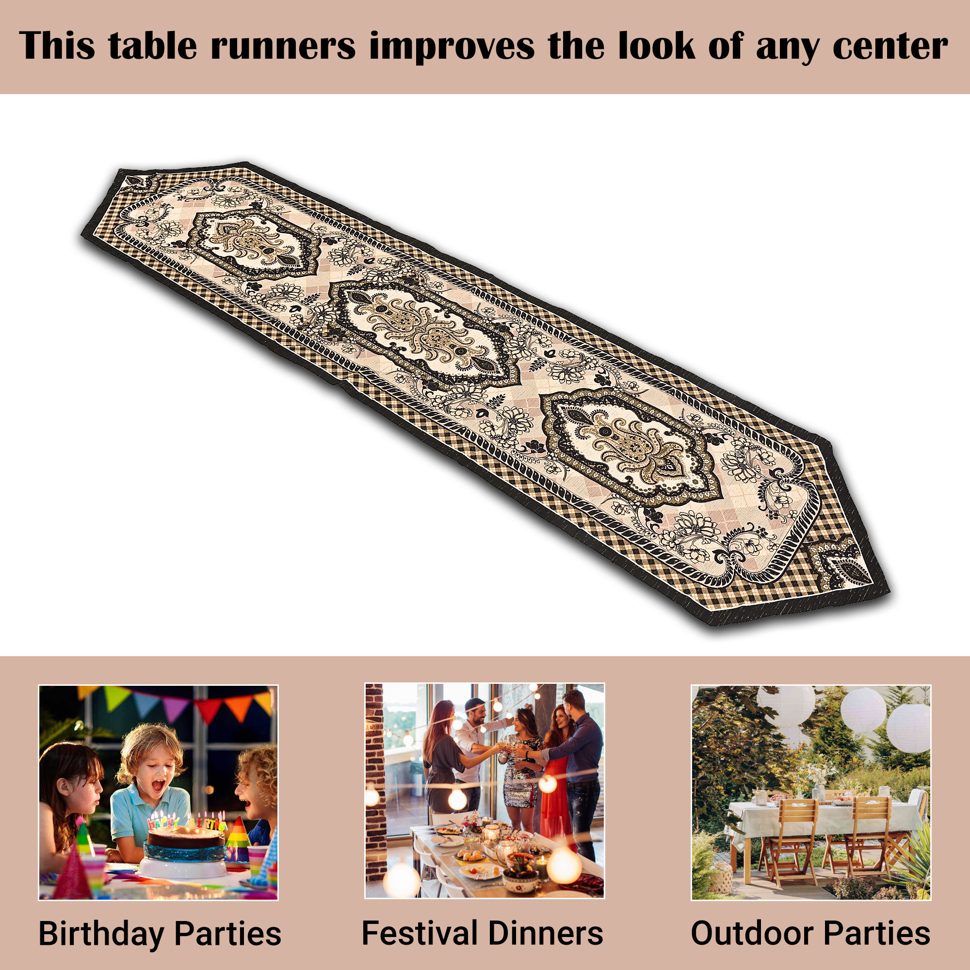 Kuber Industries 13x72 Washable Table Runner for Centre Table  Easy To Maintain  Sustainable Dining Table Runner For Living Room Hall  Home Decor  Dazzle - Cream  Brown 214