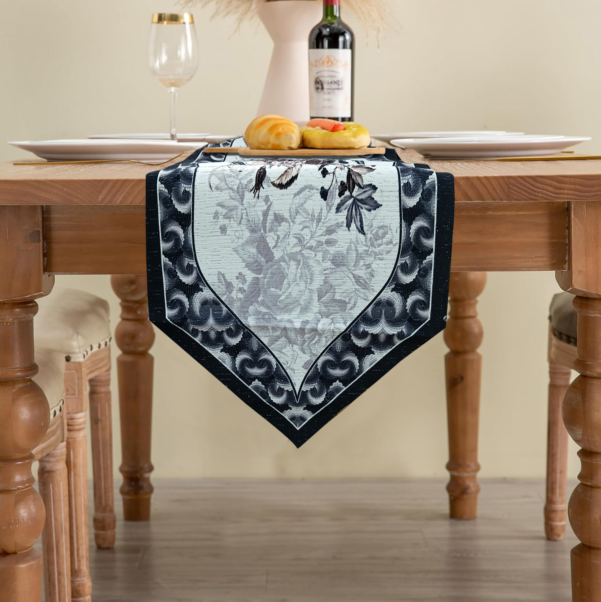 Kuber Industries 13x72 Washable Table Runner for Centre Table  Easy To Maintain  Sustainable Dining Table Runner For Living Room Hall  Home Decor  Rose Print - Black  Grey 102
