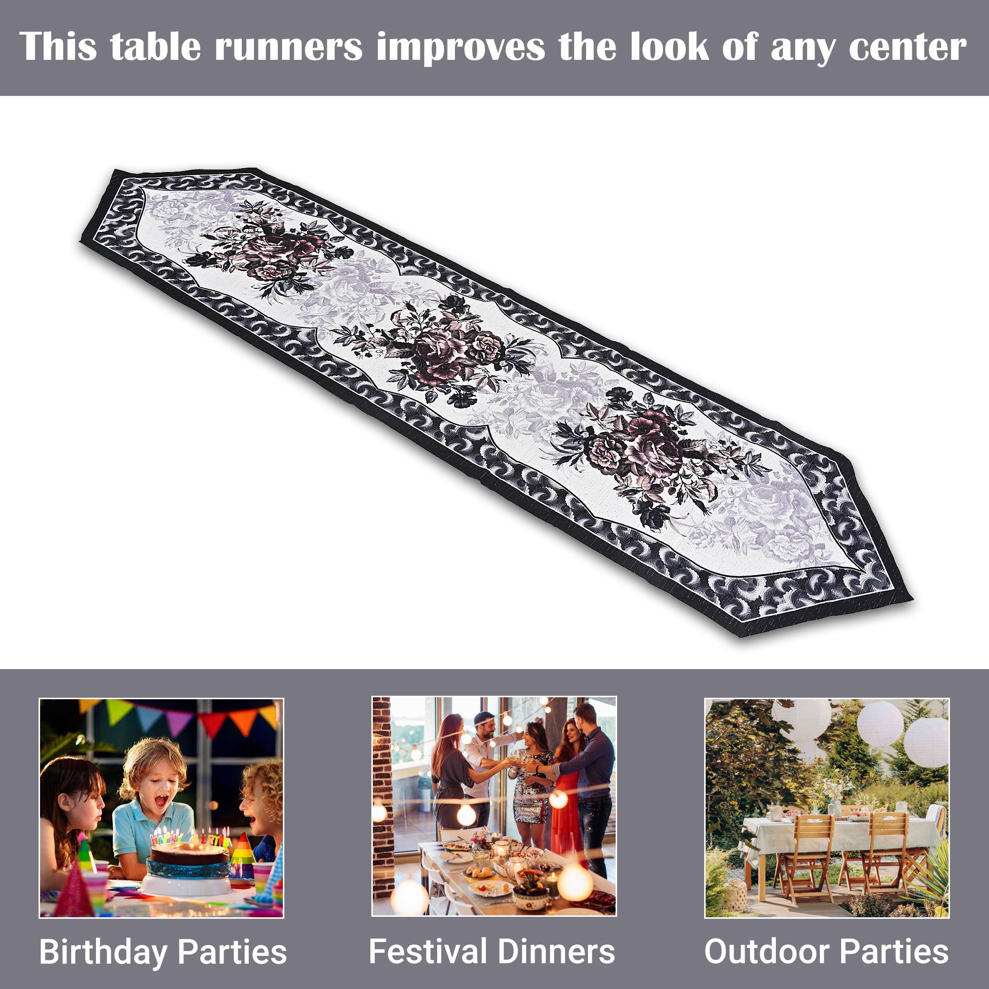 Kuber Industries 13x72 Washable Table Runner for Centre Table  Easy To Maintain  Sustainable Dining Table Runner For Living Room Hall  Home Decor  Rose Print - Black  Grey 102