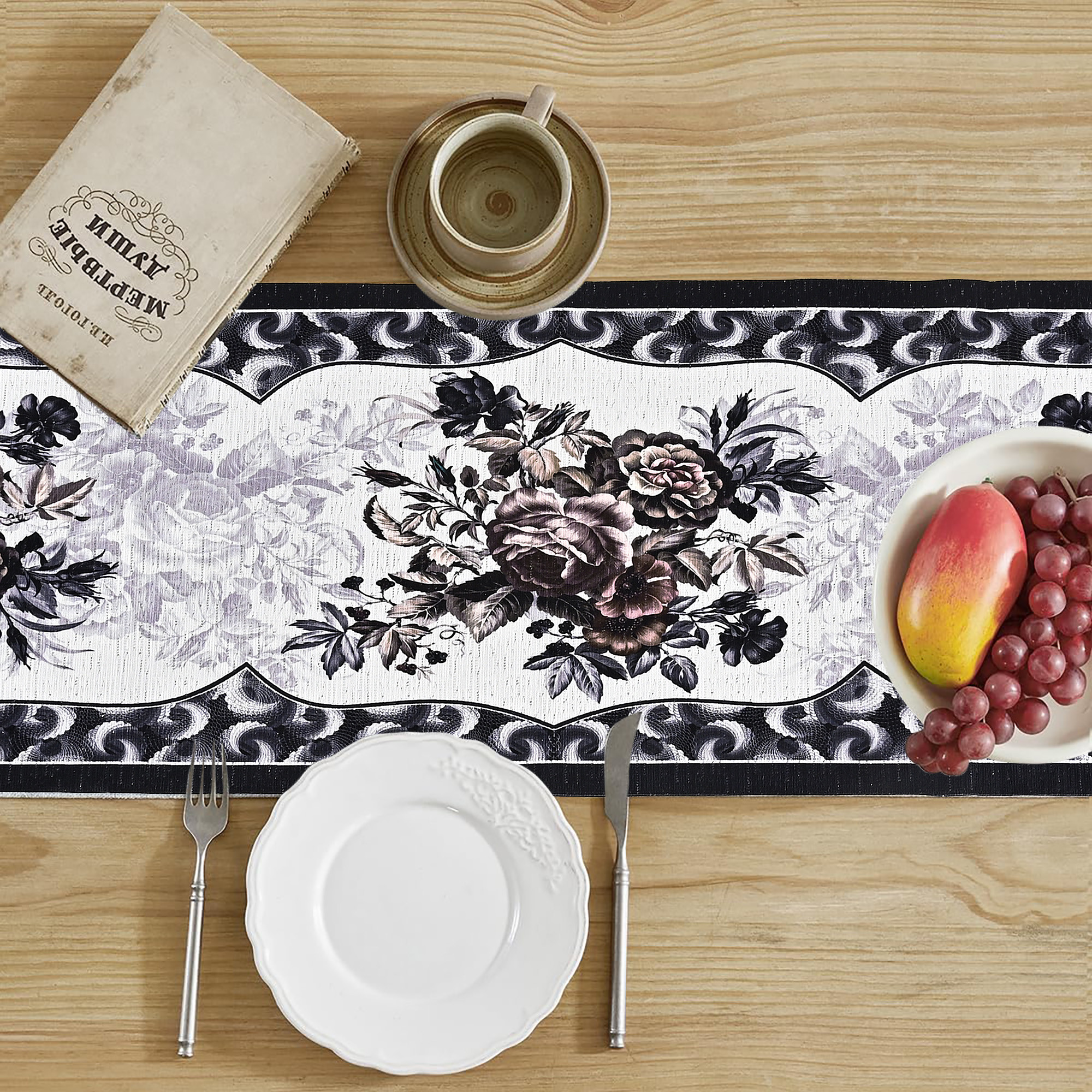 Kuber Industries 13x72 Washable Table Runner for Centre Table  Easy To Maintain  Sustainable Dining Table Runner For Living Room Hall  Home Decor  Rose Print - Black  Grey 102