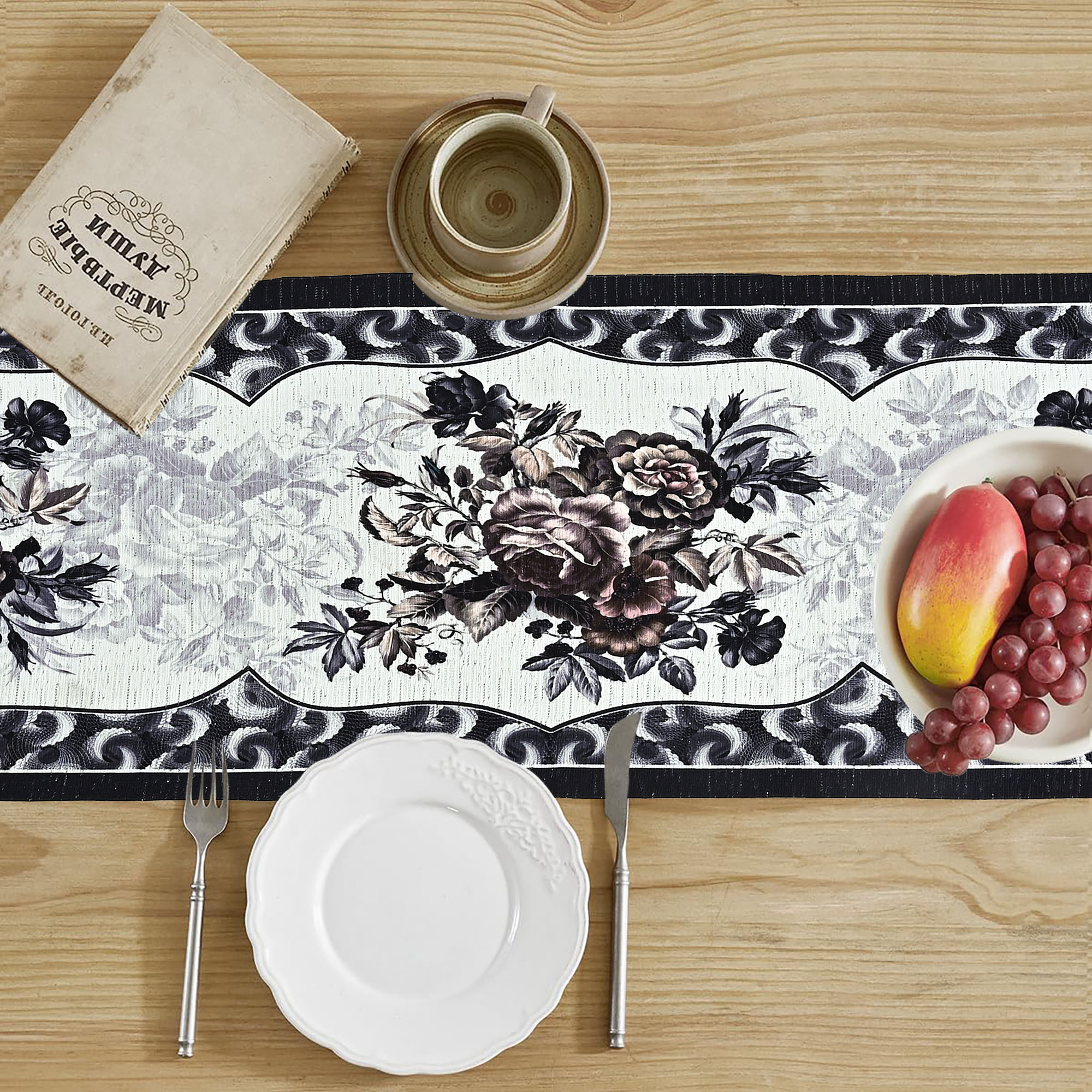 Kuber Industries 13x72 Washable Table Runner for Centre Table  Easy To Maintain  Sustainable Dining Table Runner For Living Room Hall  Home Decor  Rose Print - Black  Grey 214