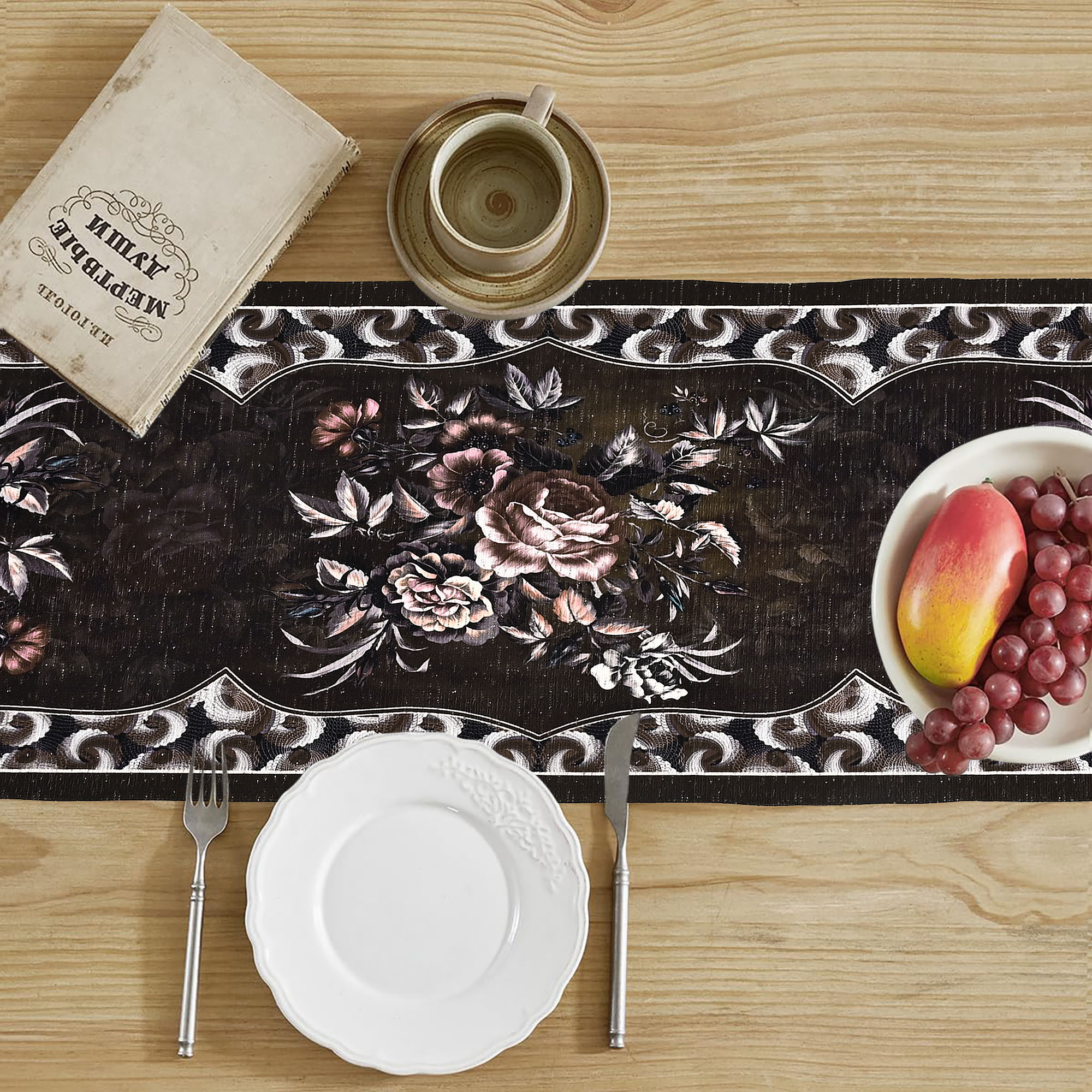 Kuber Industries 13x72 Washable Table Runner for Centre Table  Easy To Maintain  Sustainable Dining Table Runner For Living Room Hall  Home Decor  Floral Print - Pink  Brown 102