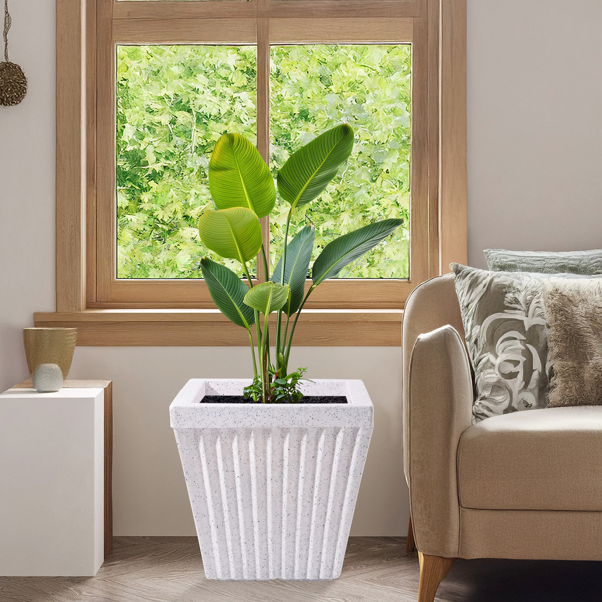 Kuber Industries 14-Inch Roto Mould German Polymer Big Size Flower Pot  IndoorOutdoor Tree Gamla Planter for Living Room Resorts Hotels Terrace  Garden  Marble Pihu Splash - White