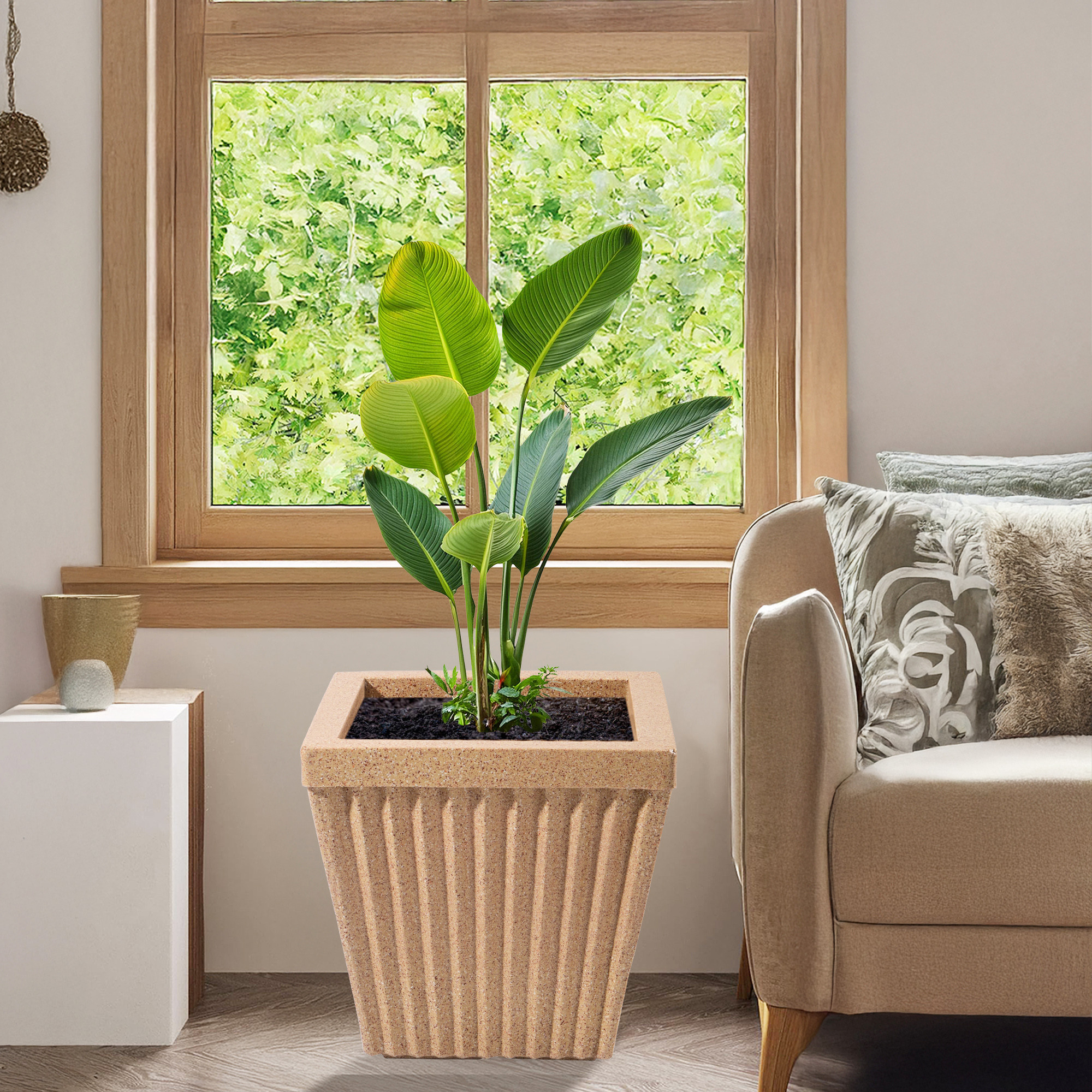 Kuber Industries 14-Inch Roto Mould German Polymer Big Size Flower Pot  IndoorOutdoor Tree Gamla Planter for Living Room Resorts Hotels Terrace  Garden  Marble Pihu Splash - Sand