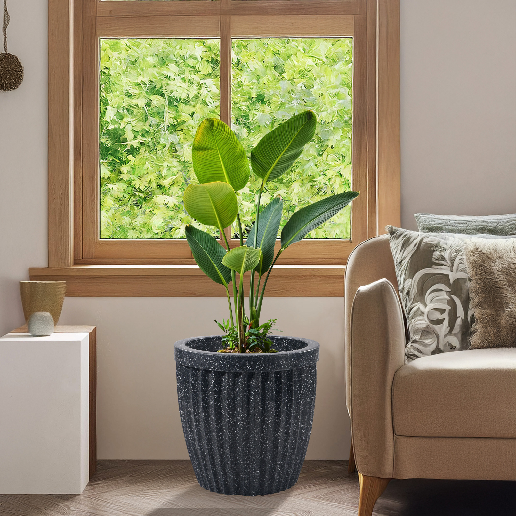 Kuber Industries 14-Inch Roto Mould German Polymer Big Size Flower Pot  IndoorOutdoor Tree Gamla Planter for Living Room Resorts Hotels Terrace  Garden  Marble Pihu Neo - Black