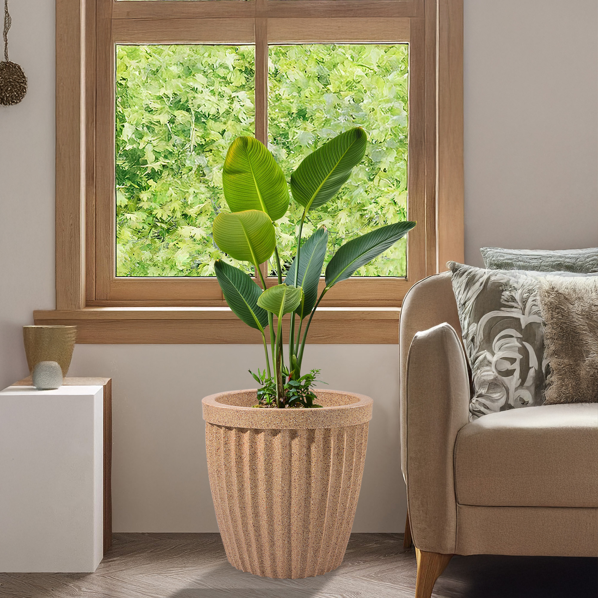 Kuber Industries 14-Inch Roto Mould German Polymer Big Size Flower Pot  IndoorOutdoor Tree Gamla Planter for Living Room Resorts Hotels Terrace  Garden  Marble Pihu Neo - Sand