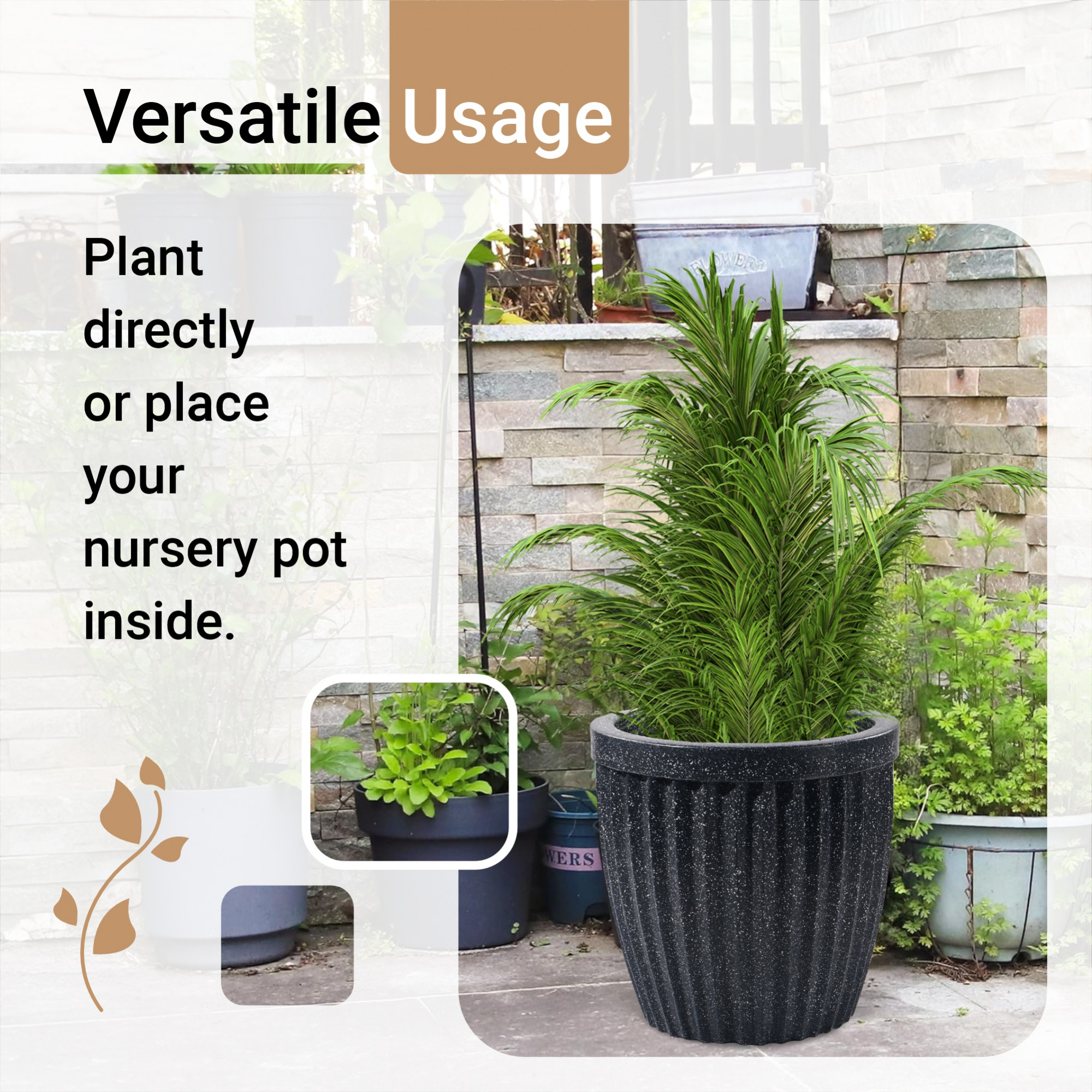 Kuber Industries 14-Inch Roto Mould German Polymer Big Size Flower Pot  IndoorOutdoor Tree Gamla Planter for Living Room Resorts Hotels Terrace  Garden  Marble Pihu Neo - Black