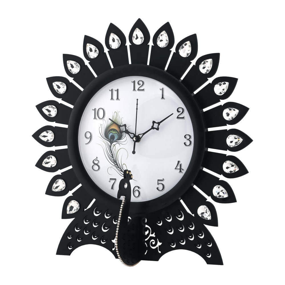 Image of Kuber Industries 14 Inches Wooden Peacock Designer Stones Analog Wall Clock | Vintage Interior Home and Office Décor, Living Room, Bedroom  | Black