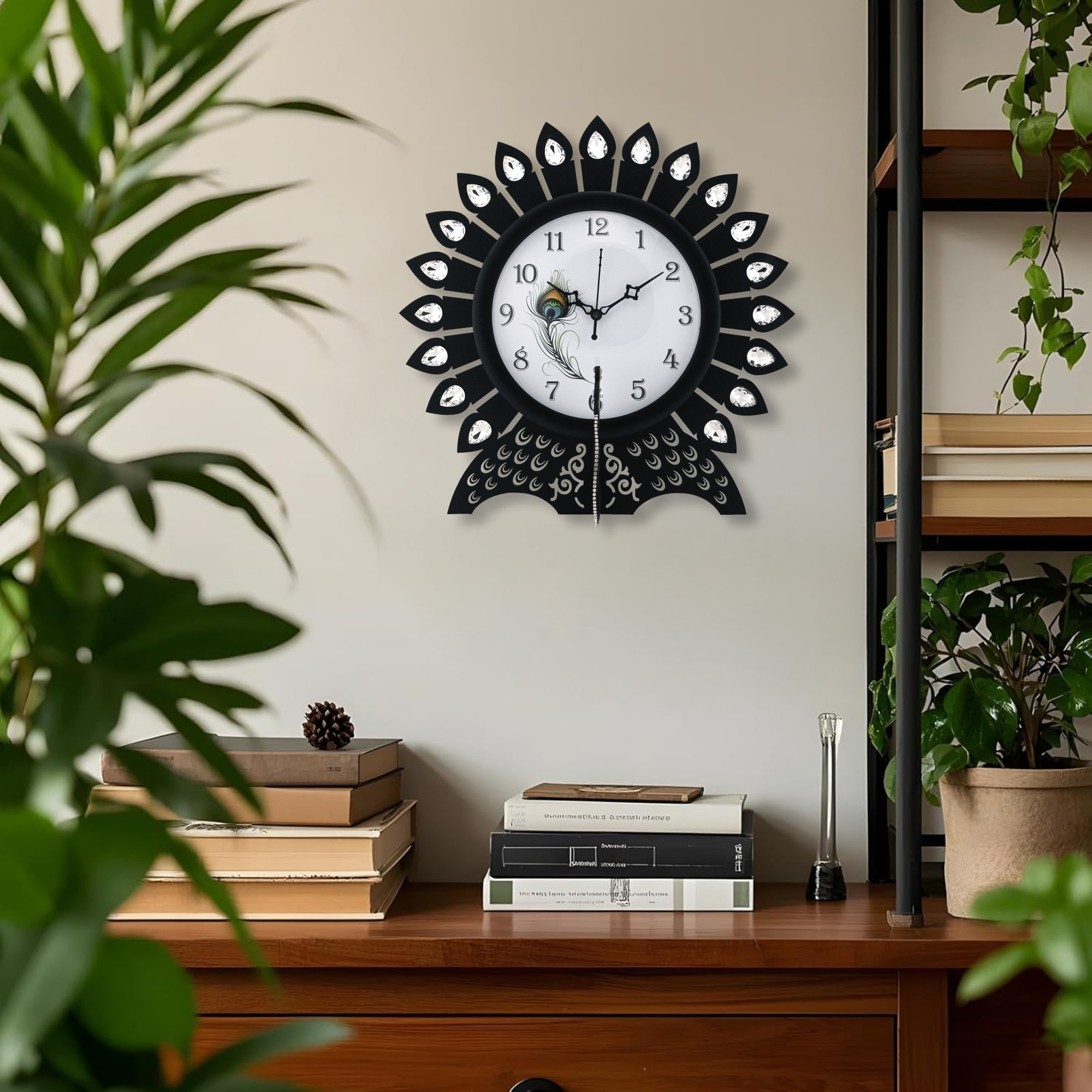 Kuber Industries 14 Inches Wooden Peacock Designer Stones Analog Wall Clock  Vintage Interior Home and Office Dcor Living Room Bedroom   Black
