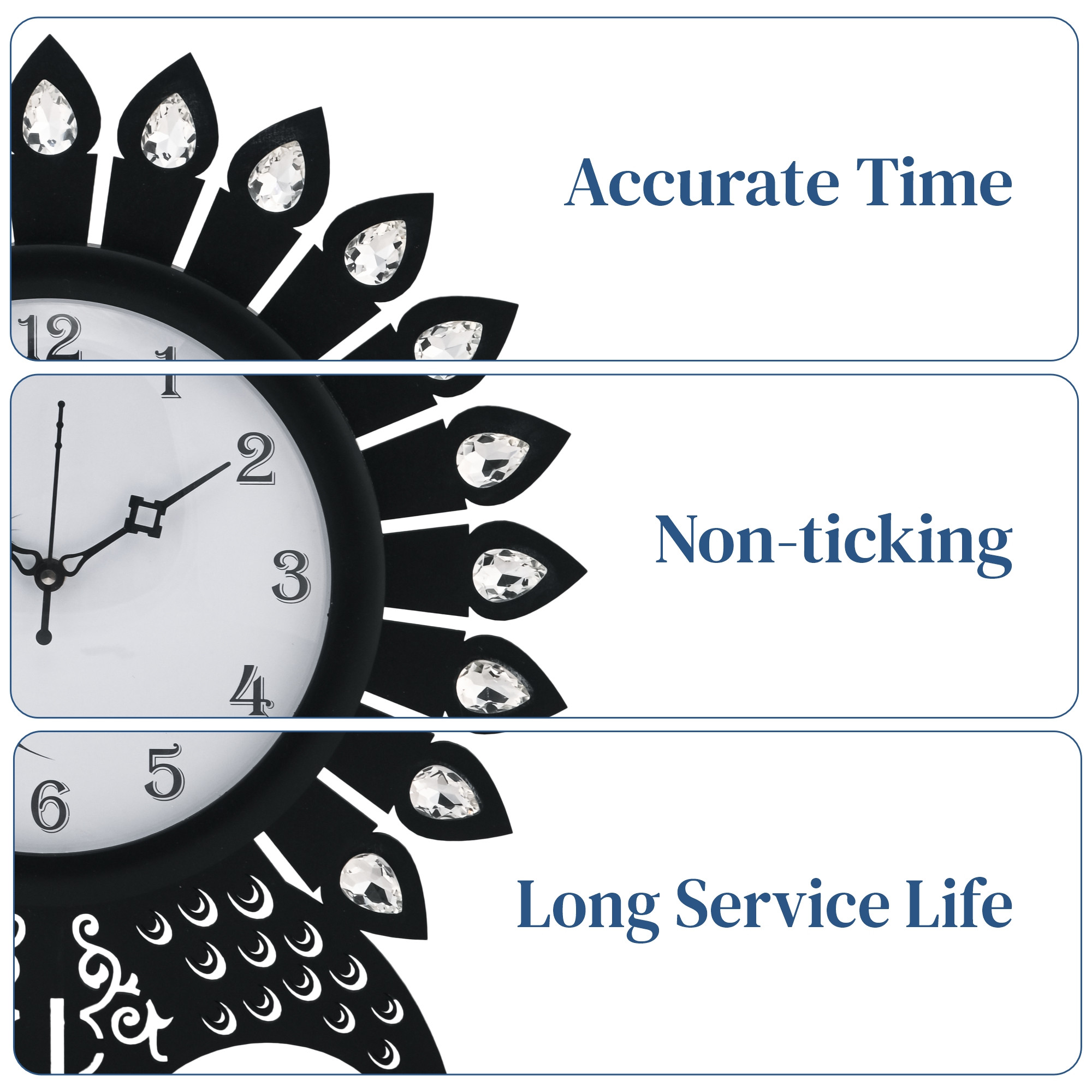 Kuber Industries 14 Inches Wooden Peacock Designer Stones Analog Wall Clock  Vintage Interior Home and Office Dcor Living Room Bedroom   Black