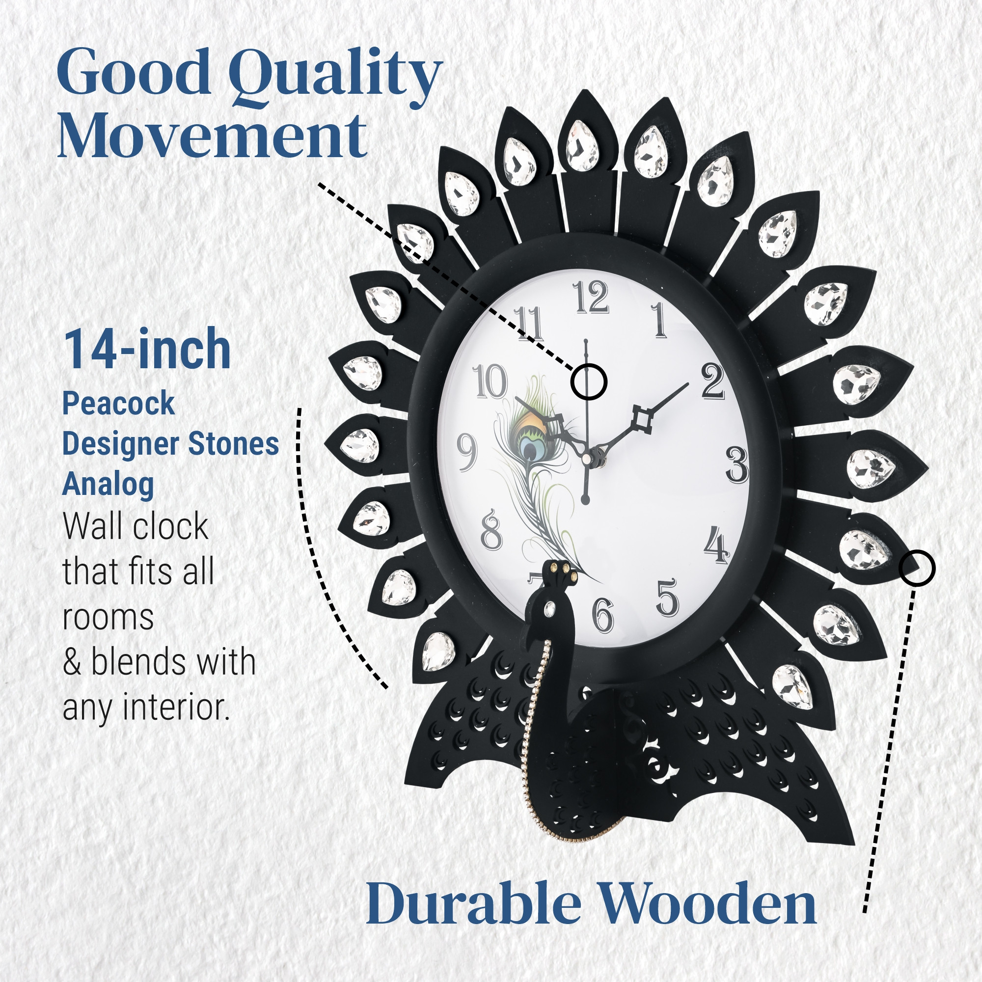 Kuber Industries 14 Inches Wooden Peacock Designer Stones Analog Wall Clock  Vintage Interior Home and Office Dcor Living Room Bedroom   Black