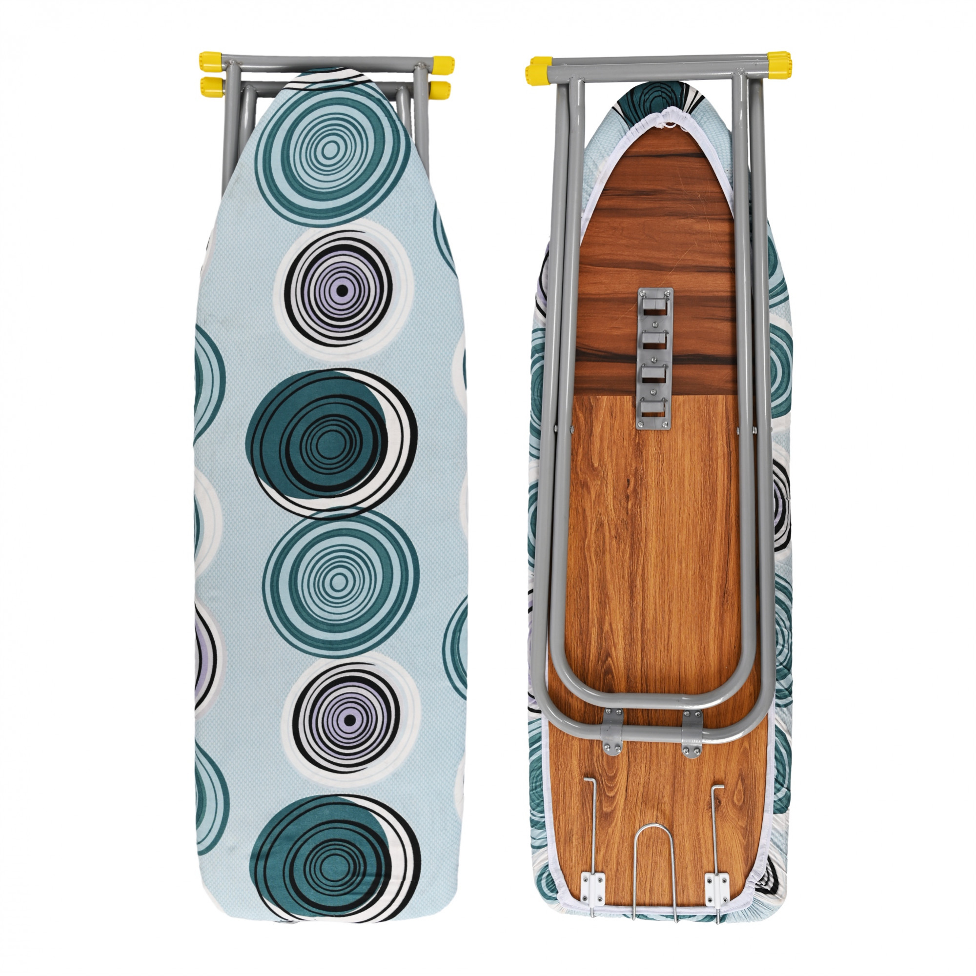 Kuber Industries 15 Inch Foldable  Height Adjustable Press Board Iron Stand with Heat Resistant HolderTray for Home  Anti Skid Press Table for Clothes  Circle Design- Green  Black