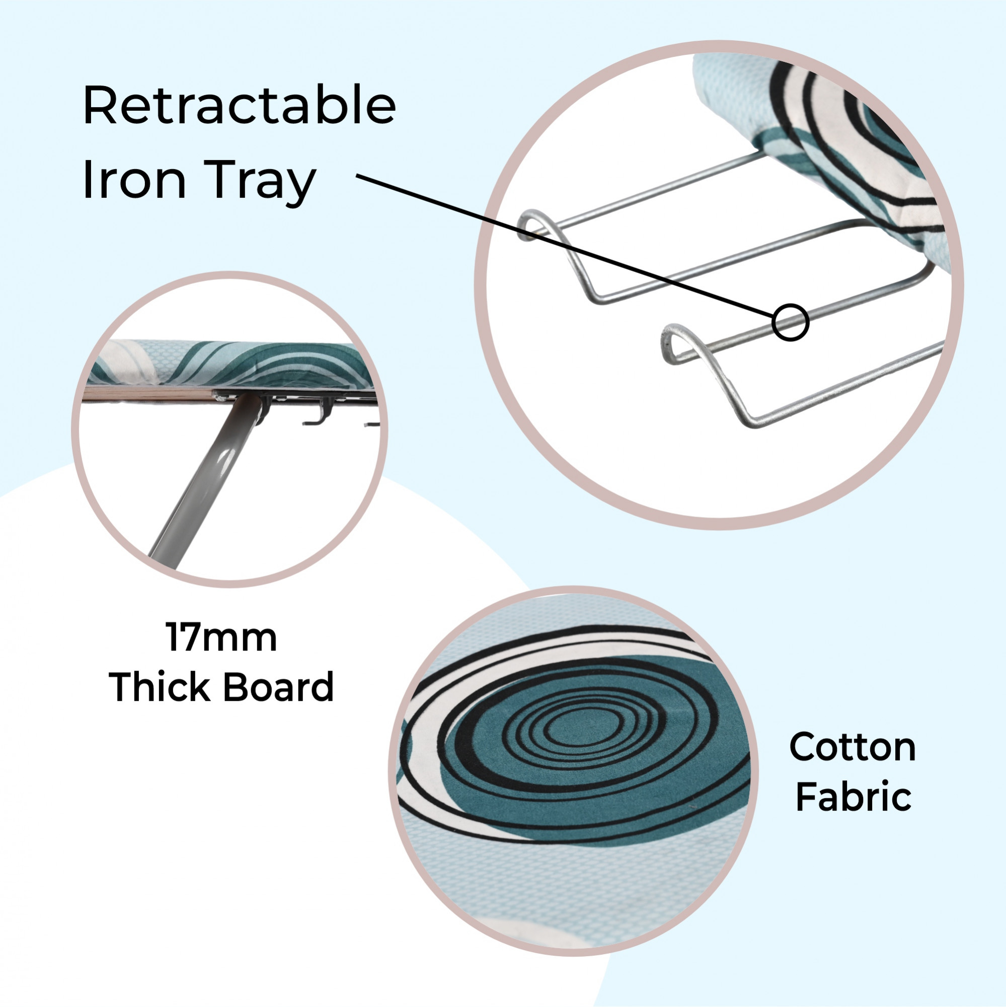 Kuber Industries 15 Inch Foldable  Height Adjustable Press Board Iron Stand with Heat Resistant HolderTray for Home  Anti Skid Press Table for Clothes  Circle Design- Green  Black