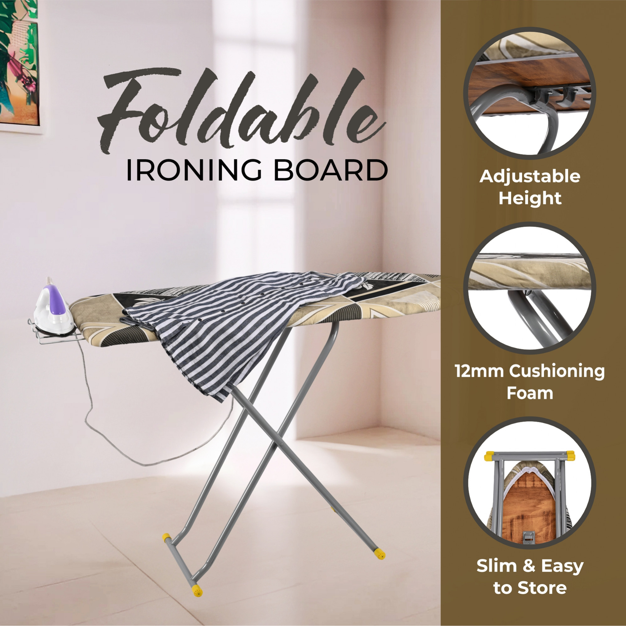Kuber Industries 15 Inch Foldable  Height Adjustable Press Board Iron Stand with Heat Resistant HolderTray for Home  Anti Skid Press Table for Clothes  Triangle Design- Green  Brown
