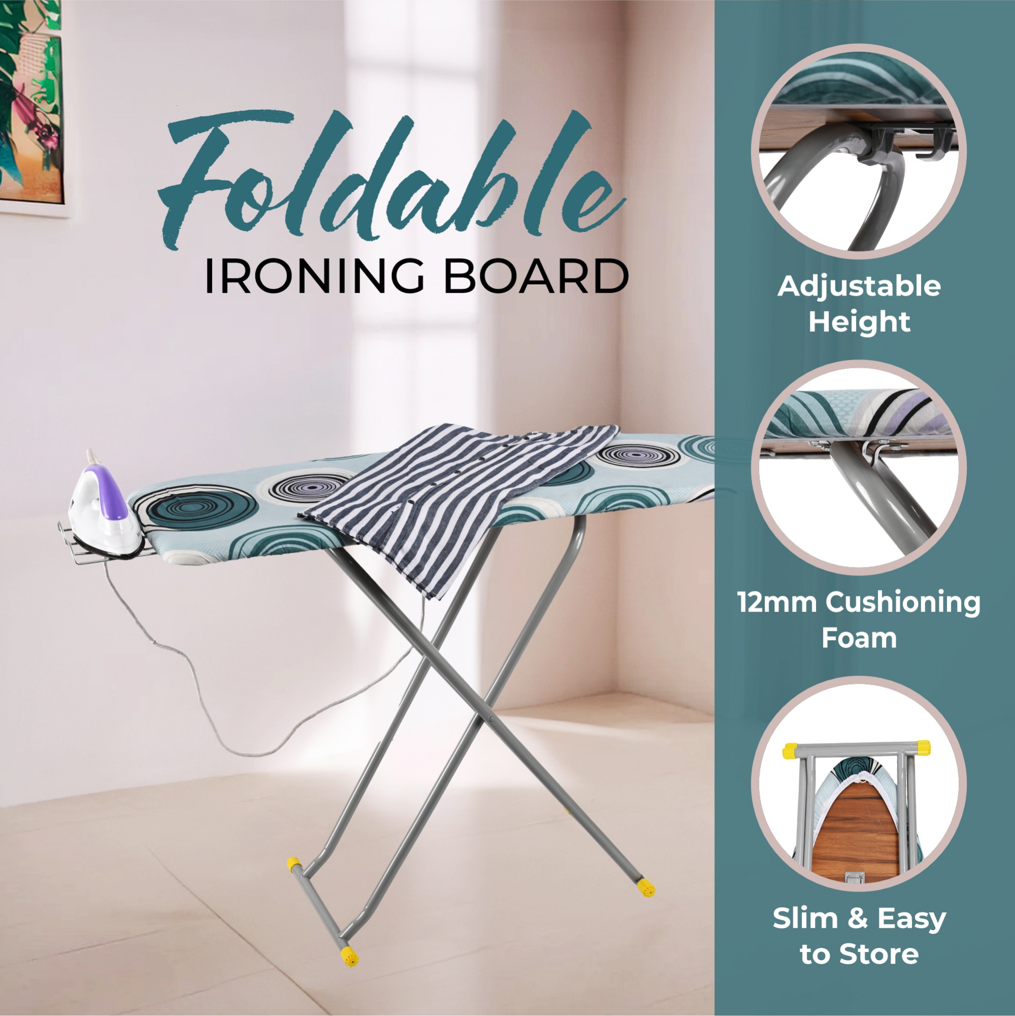 Kuber Industries 15 Inch Foldable  Height Adjustable Press Board Iron Stand with Heat Resistant HolderTray for Home  Anti Skid Press Table for Clothes  Circle Design- Green  Black