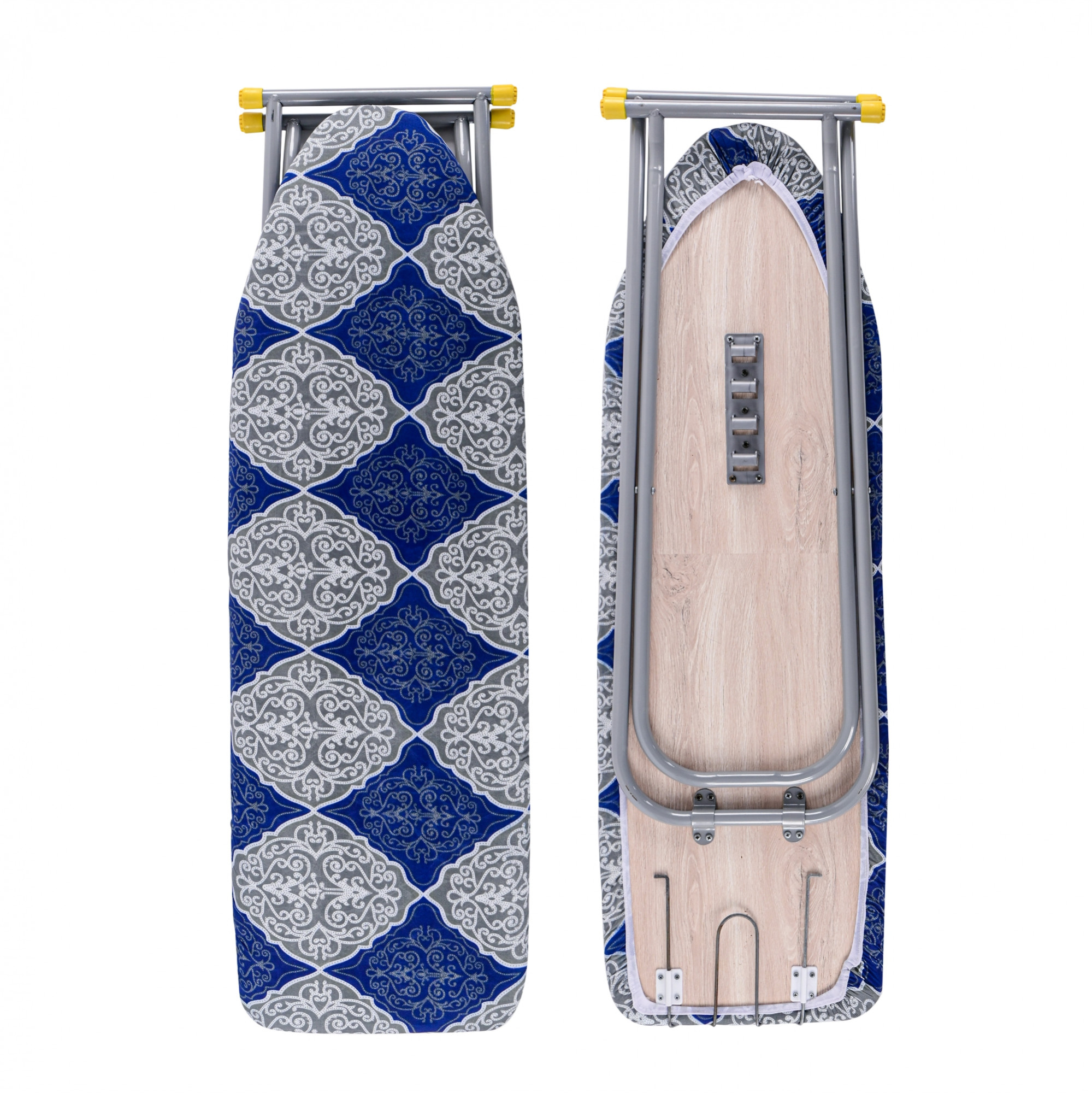 Kuber Industries 15 Inch Metal Ironing Board Foldable and Height Adjustable with Press Holder  Iron Press Table for Clothes  Anti-Slip Feet  Heat-Resistant Iron Table Board  Square Flower - Blue