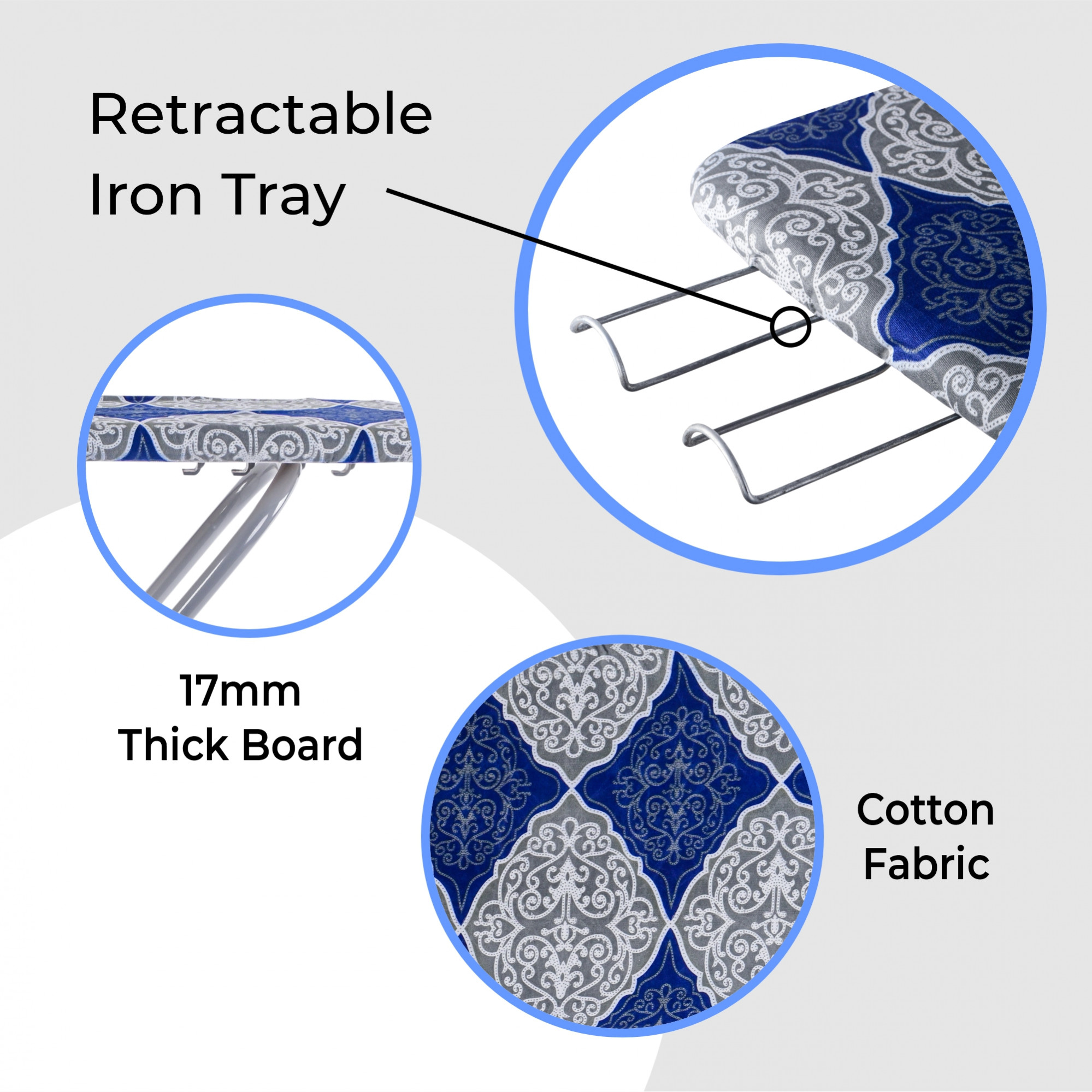 Kuber Industries 15 Inch Metal Ironing Board Foldable and Height Adjustable with Press Holder  Iron Press Table for Clothes  Anti-Slip Feet  Heat-Resistant Iron Table Board  Square Flower - Blue