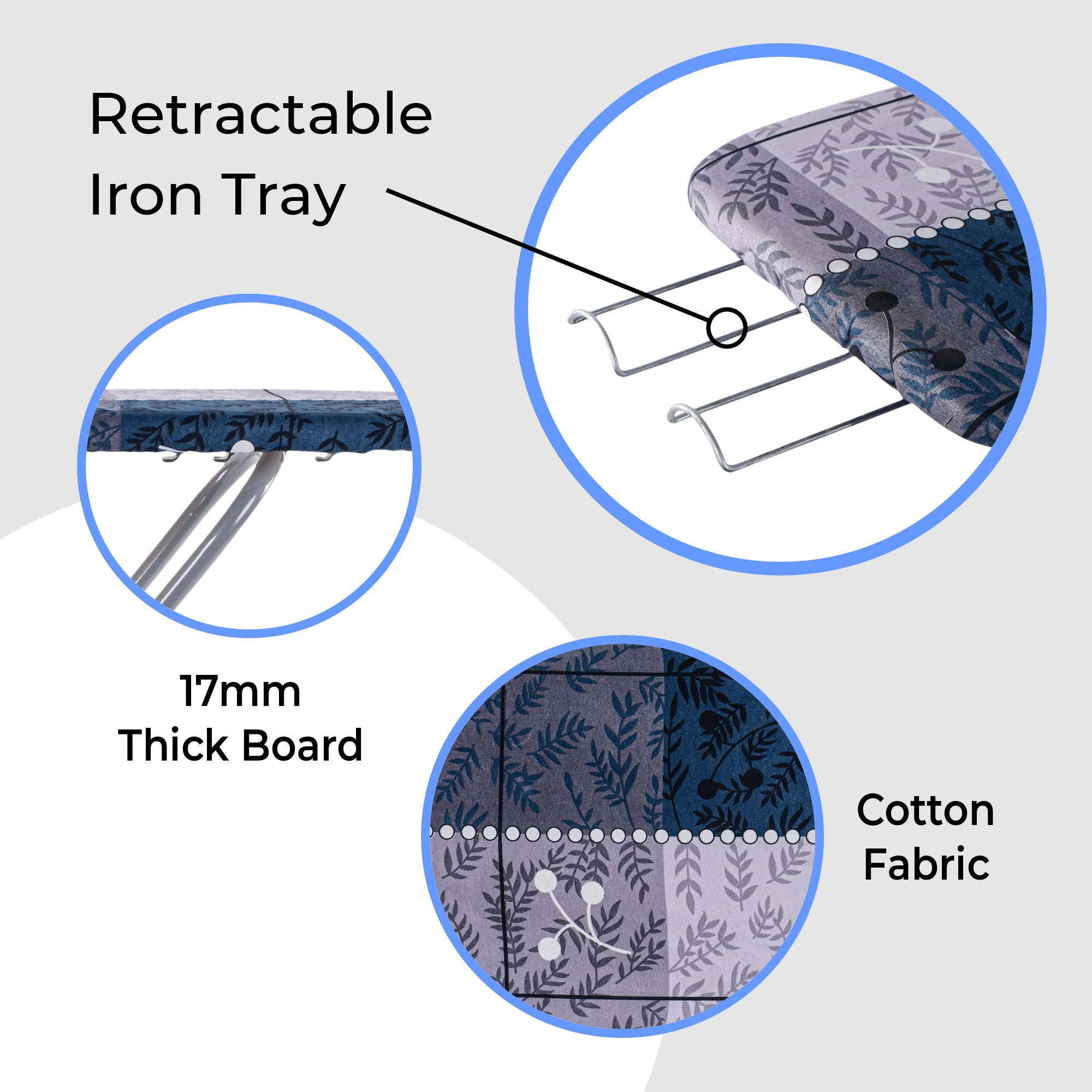 Kuber Industries 15 Inch Metal Ironing Board Foldable and Height Adjustable with Press Holder  Iron Press Table for Clothes  Anti-Slip Feet  Heat-Resistant Iron Table Cover  Abycon - Grey