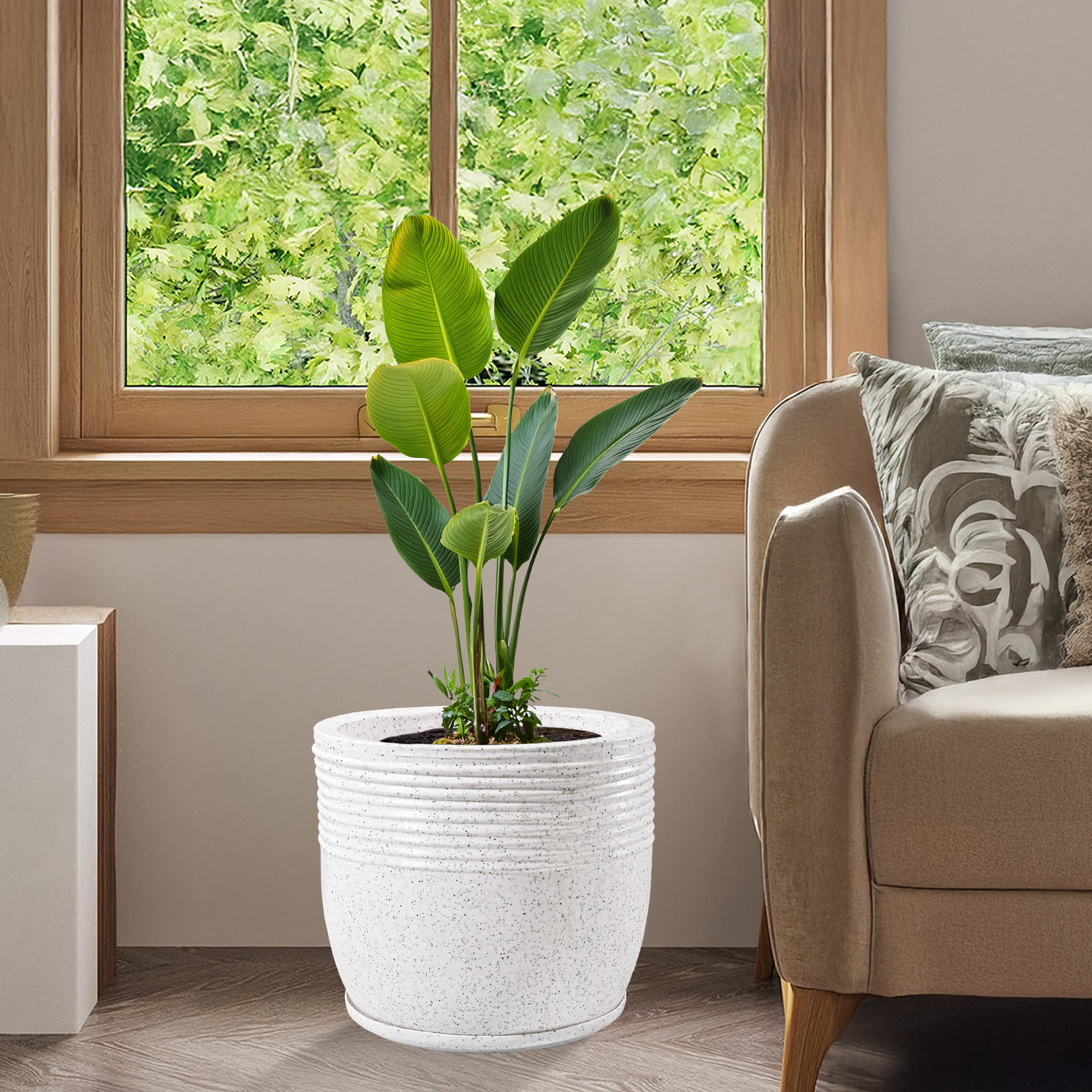 Kuber Industries 15-Inch Roto Mould German Polymer Extra Large Big Size Flower Pot  IndoorOutdoor Tree Gamla Planter for Living Room Resorts Hotels Terrace  Garden  Marble Sunshine - White