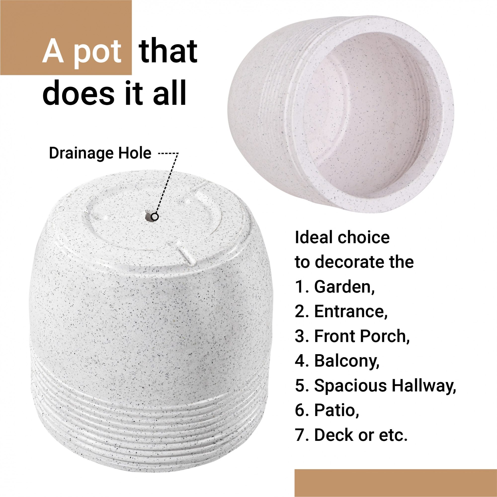 Kuber Industries 15-Inch Roto Mould German Polymer Extra Large Big Size Flower Pot  IndoorOutdoor Tree Gamla Planter for Living Room Resorts Hotels Terrace  Garden  Marble Sunshine - White