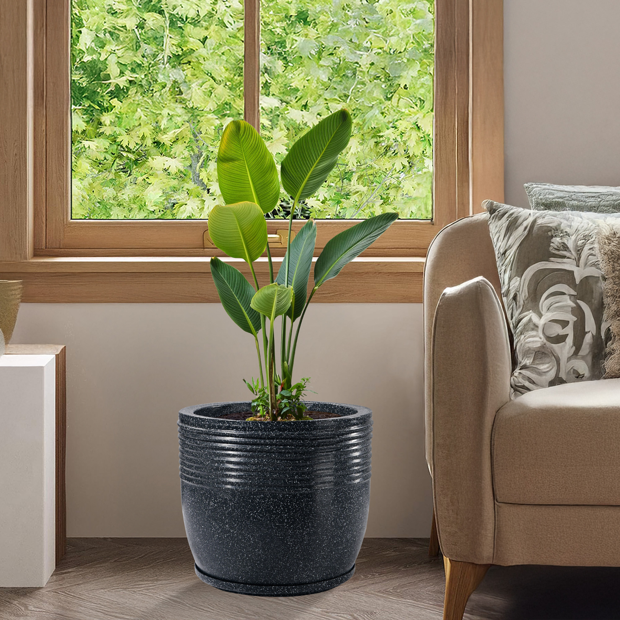 Kuber Industries 15-Inch Roto Mould German Polymer Extra Large Big Size Flower Pot  IndoorOutdoor Tree Gamla Planter for Living Room Resorts Hotels Terrace  Garden  Marble Sunshine - Black