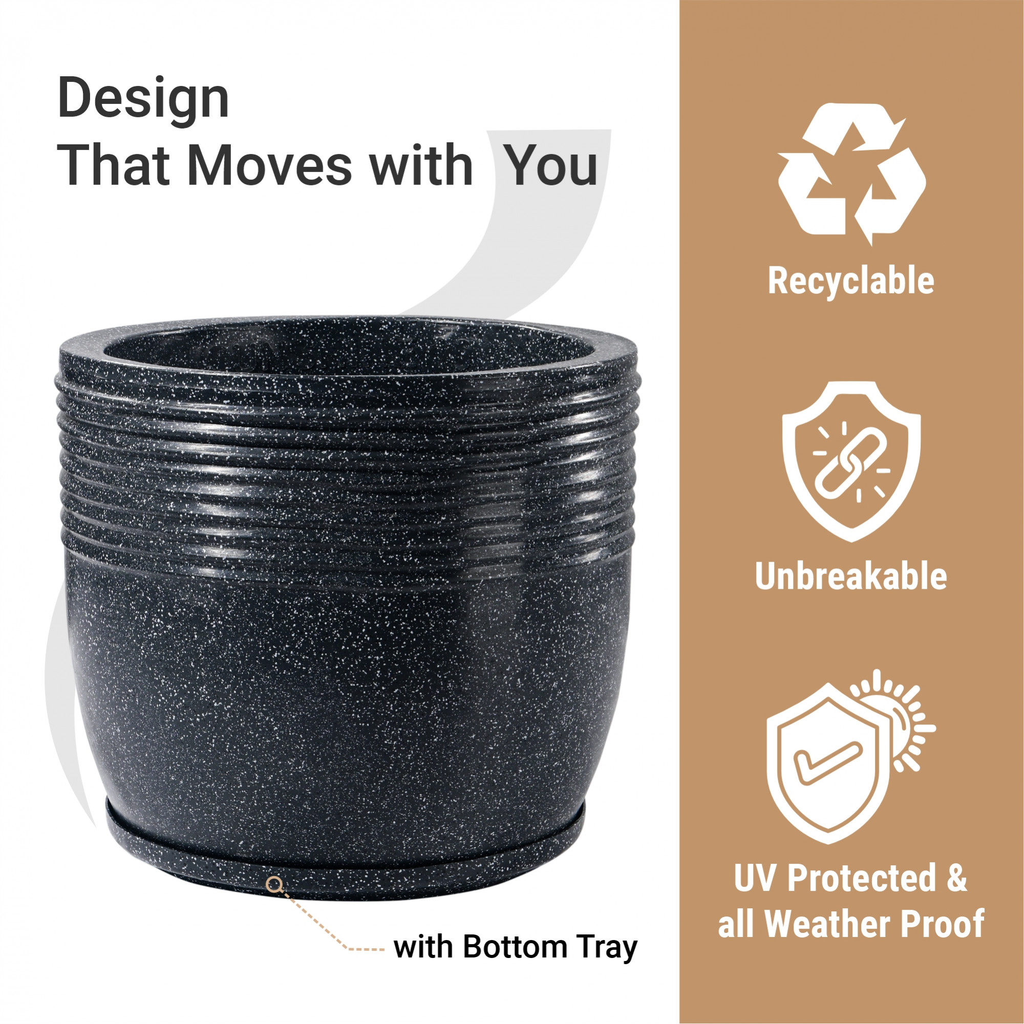 Kuber Industries 15-Inch Roto Mould German Polymer Extra Large Big Size Flower Pot  IndoorOutdoor Tree Gamla Planter for Living Room Resorts Hotels Terrace  Garden  Marble Sunshine - Black