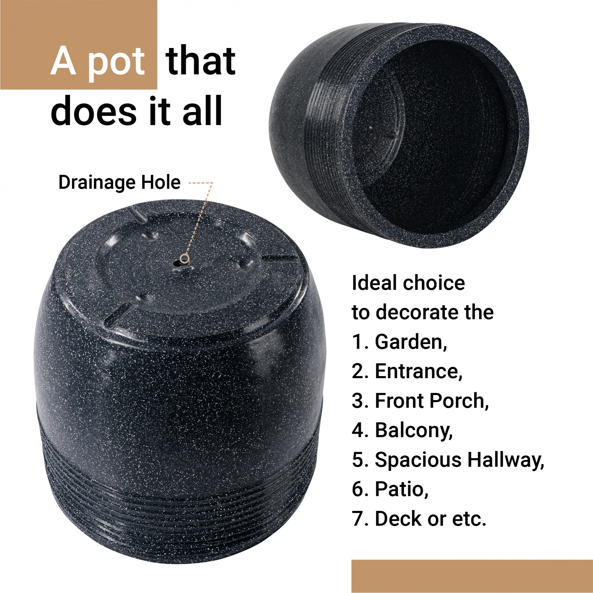 Kuber Industries 15-Inch Roto Mould German Polymer Extra Large Big Size Flower Pot  IndoorOutdoor Tree Gamla Planter for Living Room Resorts Hotels Terrace  Garden  Marble Sunshine - Black